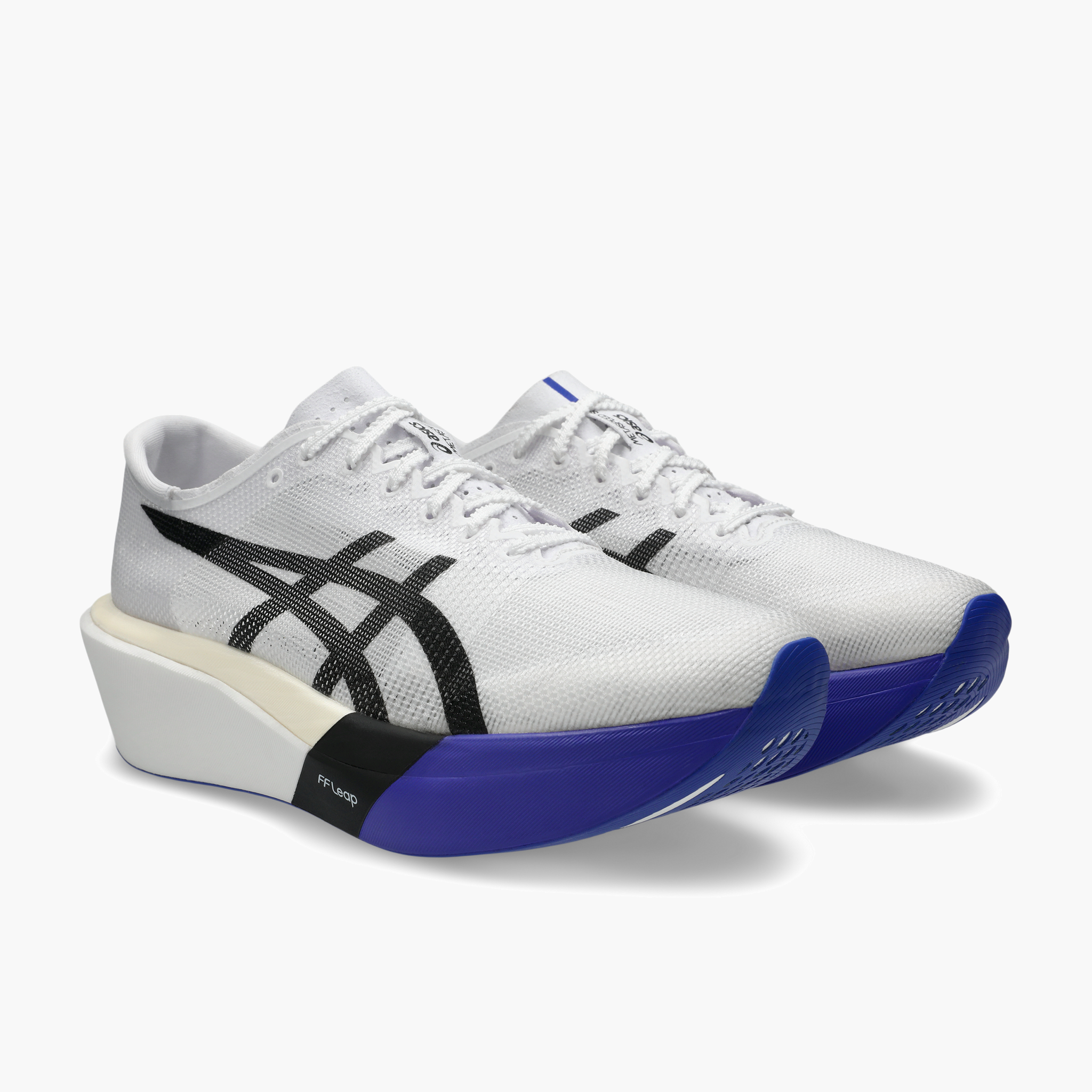 3/4 angle shot of All Gender Metaspeed Sky in White / Cobalt Burst