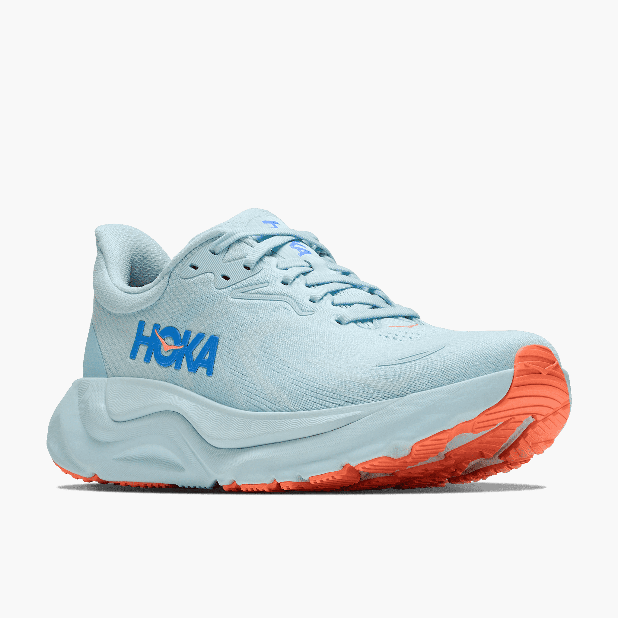 3/4 angle shot of Women's Arahi 8 in Glimmering Blue  /  Neon Cantaloupe