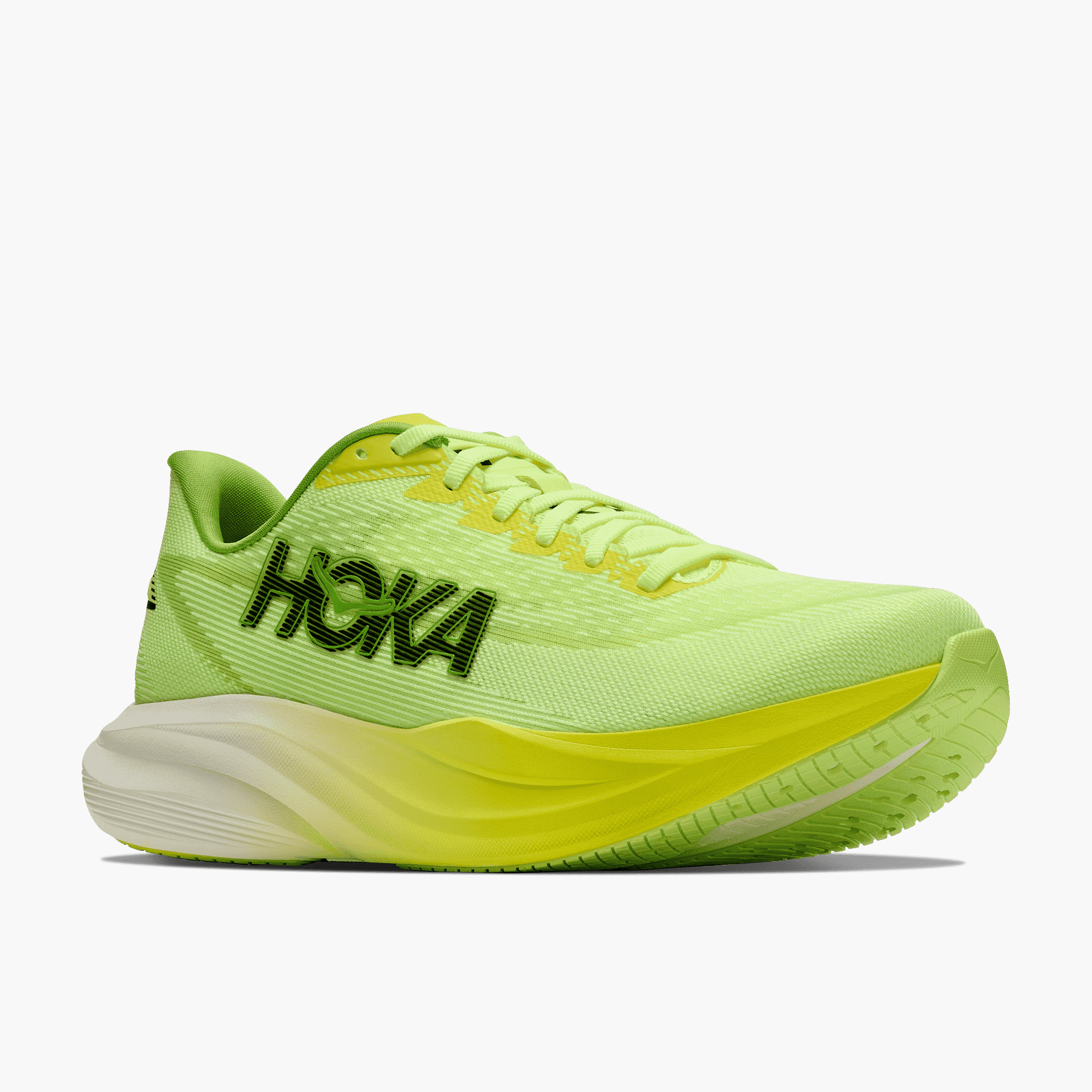 3/4 angle shot of Men's Mach 7 in Neon Yuzu  /  Hoka Citrus
