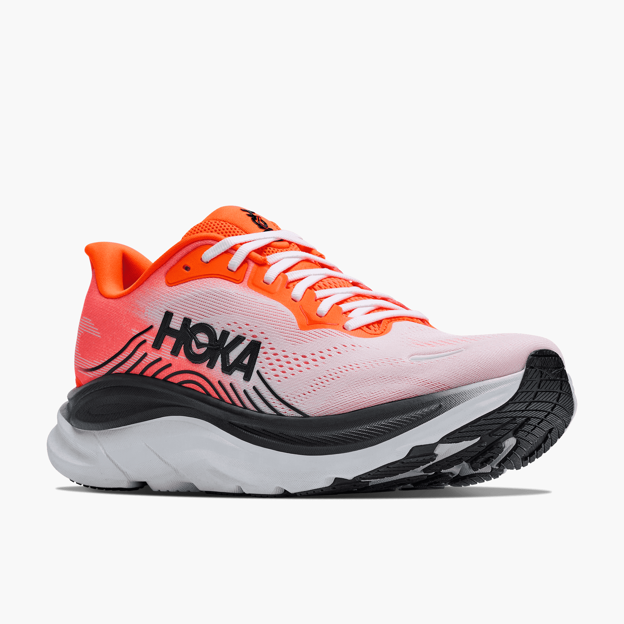 3/4 angle shot of Men's Clifton 11 in Neon Tangerine  /  Frost