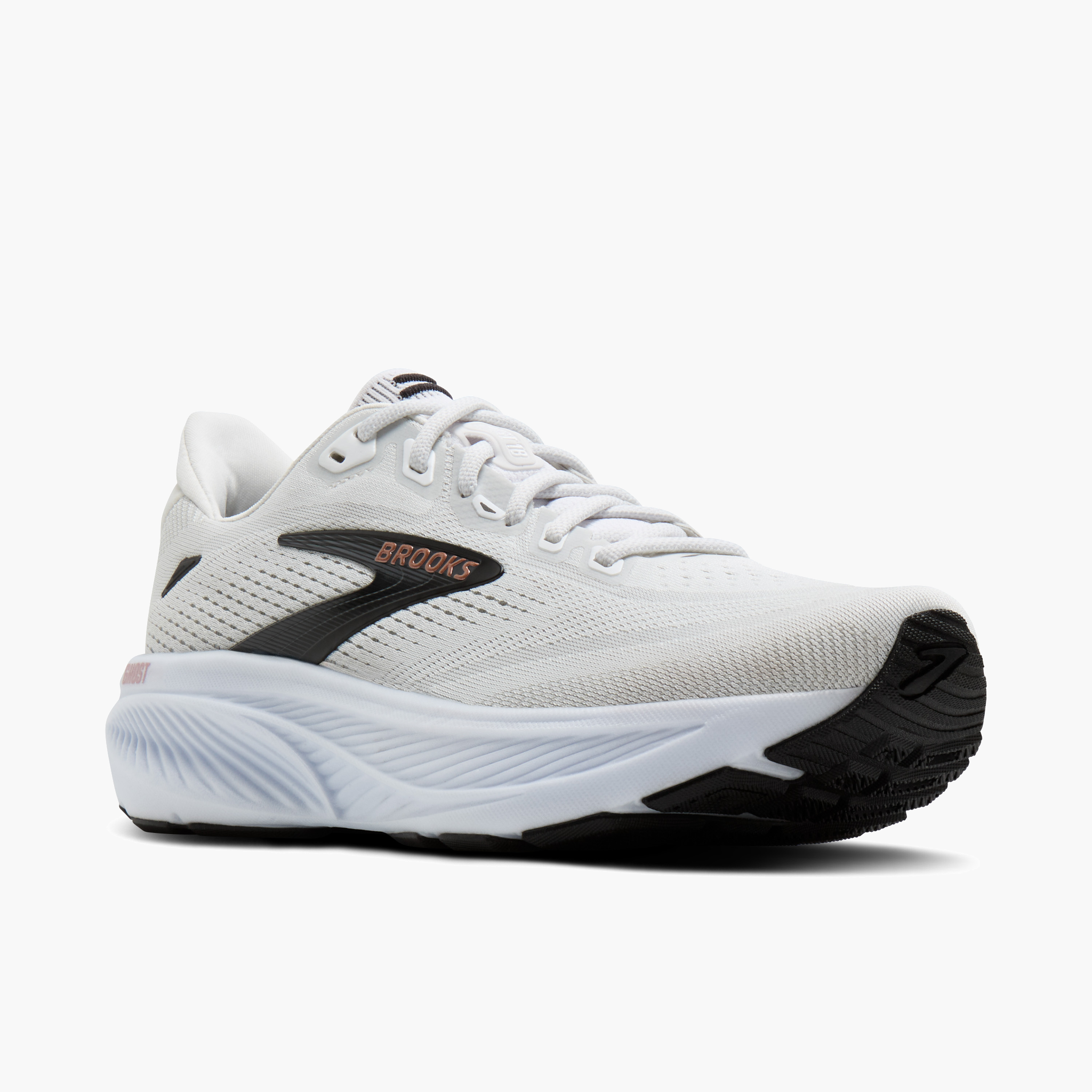 3/4 angle shot of Women's Ghost 18 in White / Black / Rose Gold