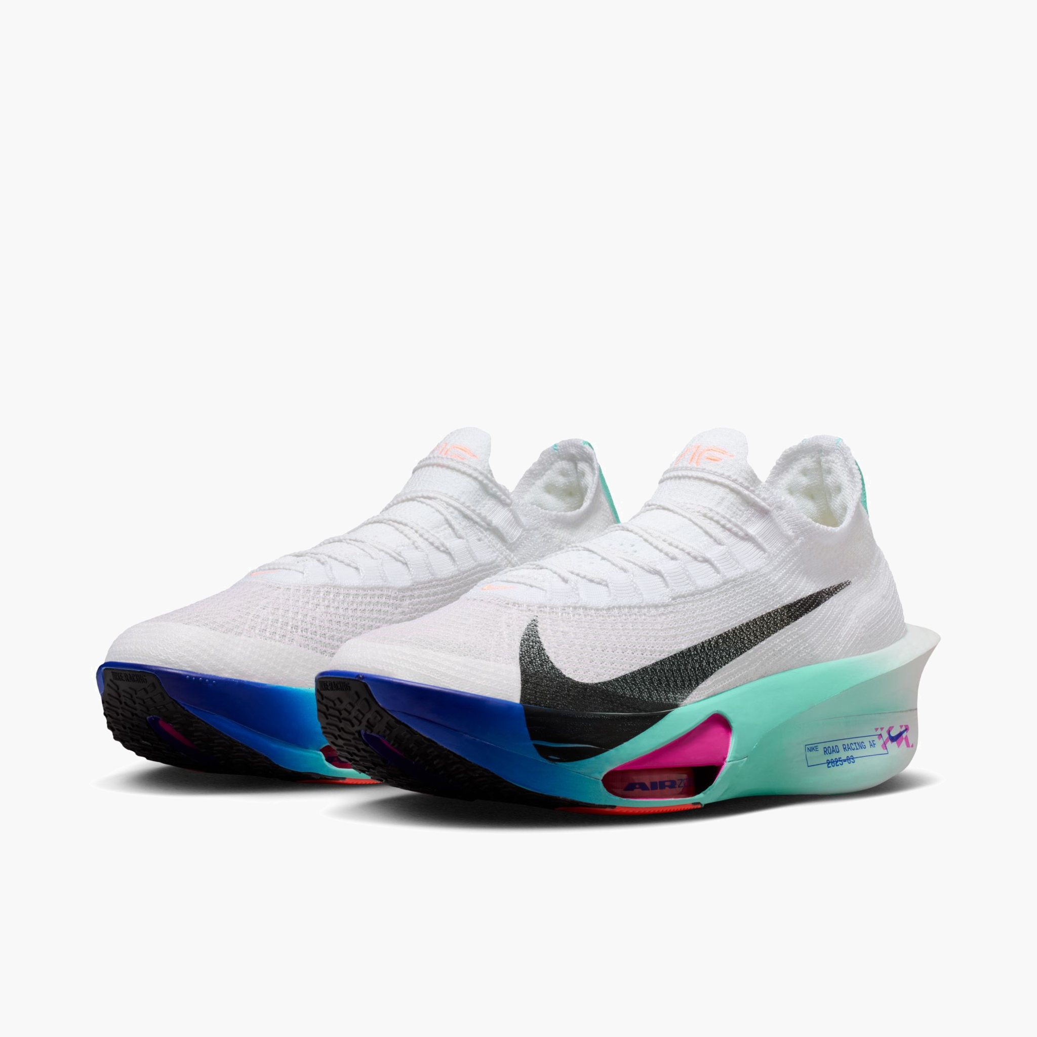 3/4 angle shot of Men's Alphafly 3 in White / Black-Hyper Turq-Concord