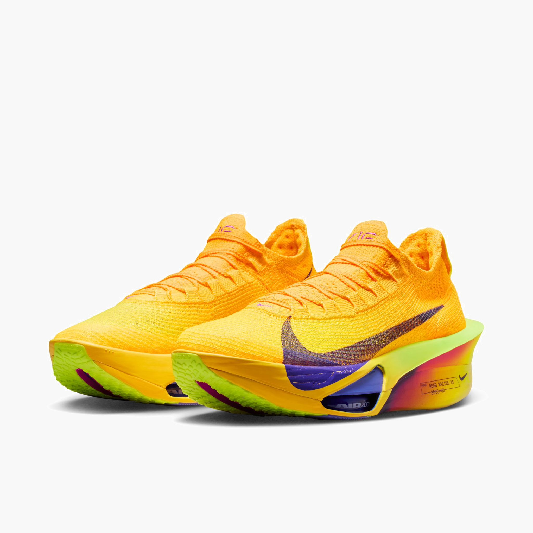 3/4 angle shot of Men's Alphafly 3 in Laser Orange / Indigo Burst-Citron Pulse