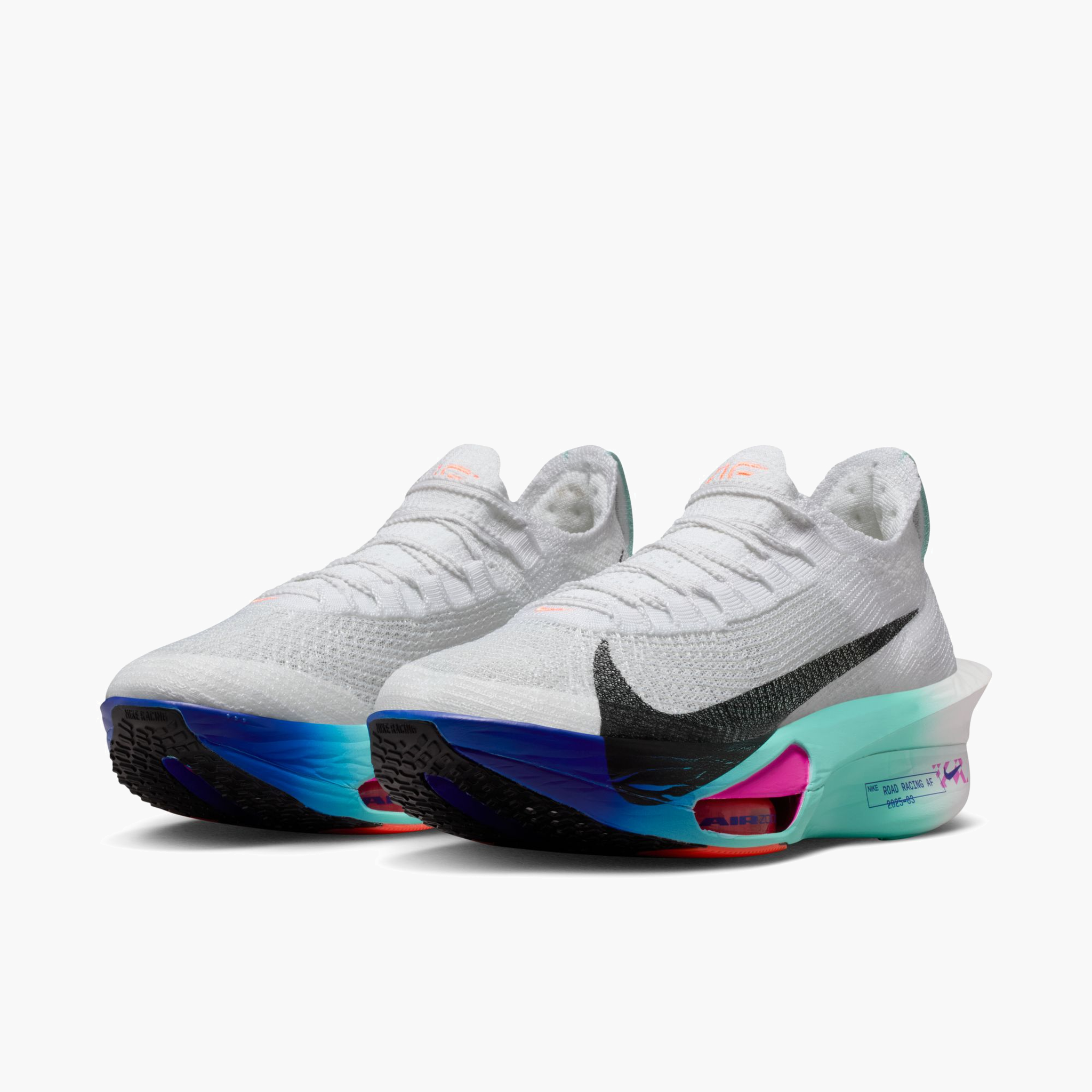 3/4 angle shot of Women's Alphafly 3 in White / Black-Hyper Turq-Concord