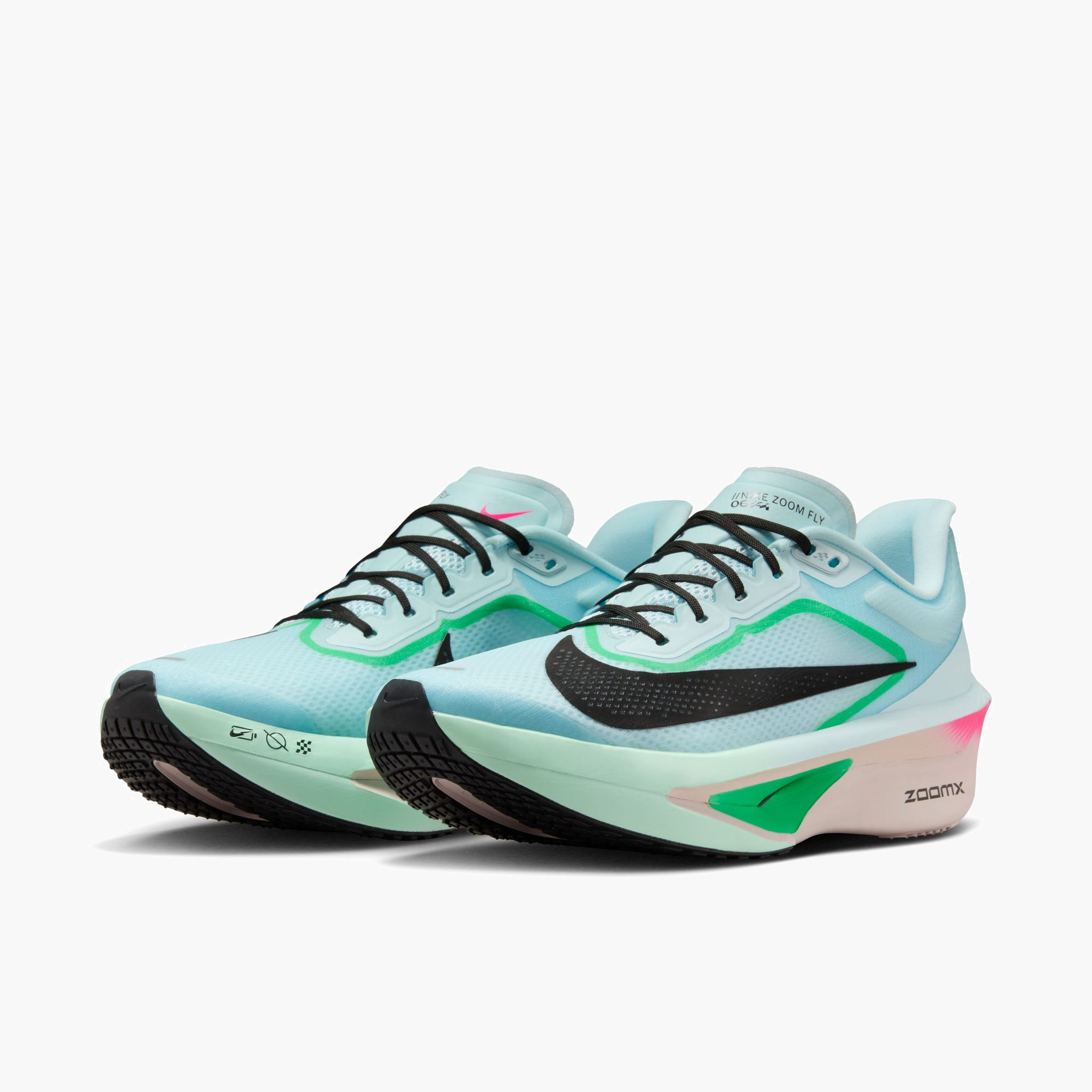 3/4 angle shot of Men's Zoom Fly 6 in Glacier Ice / Black-Hyper Pink-Green Shock