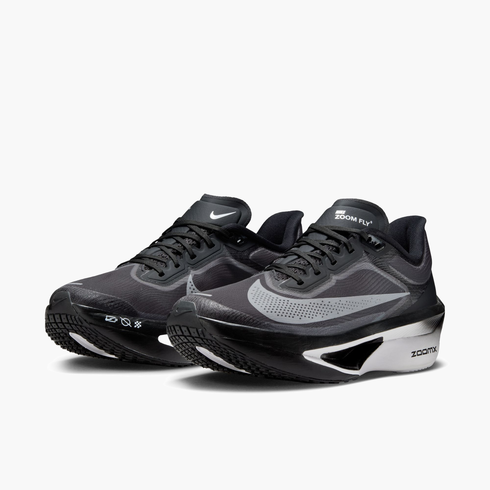 3/4 angle shot of Women's Zoom Fly 6 in Black / White-Lt Smoke Grey