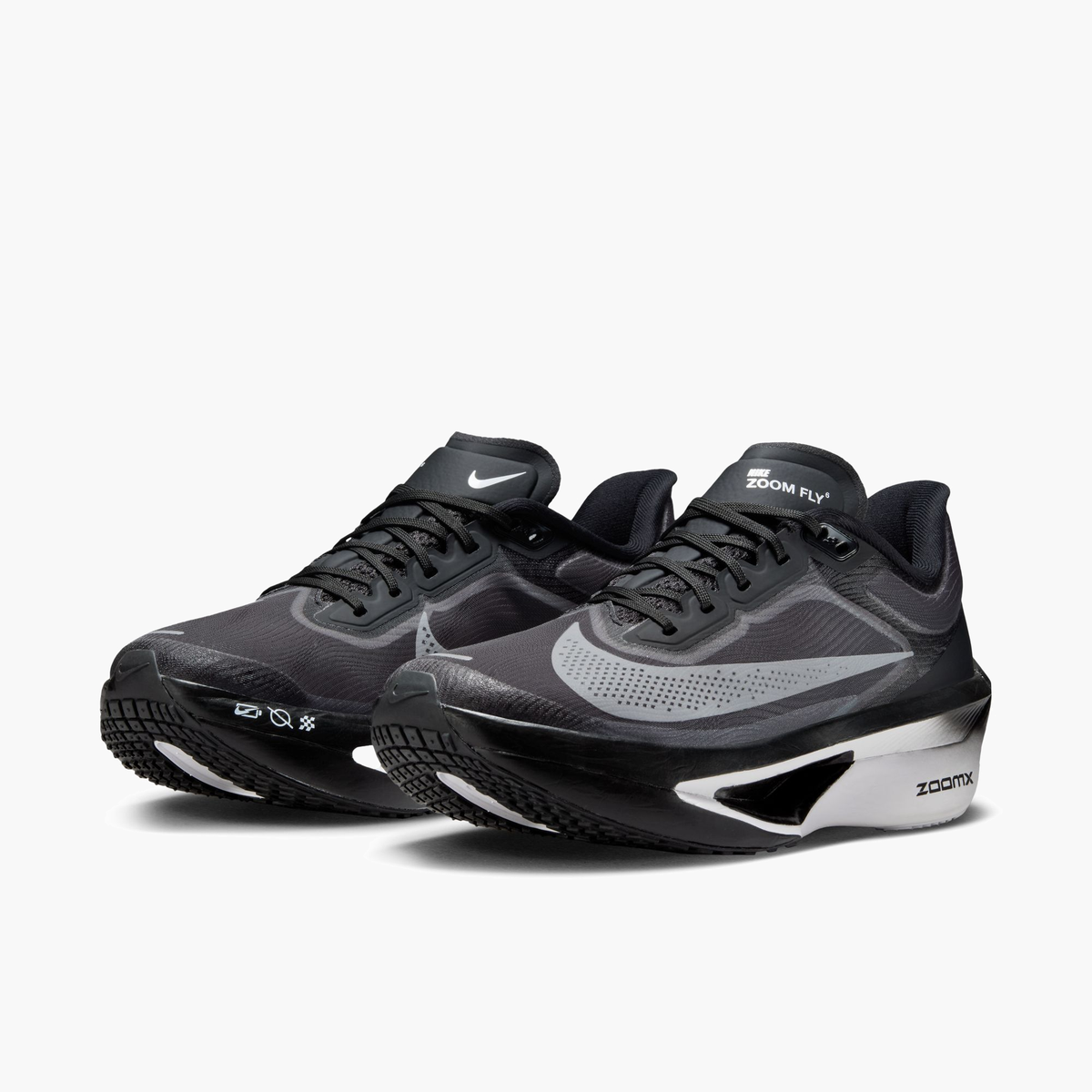 3/4 angle shot of Women's Zoom Fly 6 in Black / White-Lt Smoke Grey