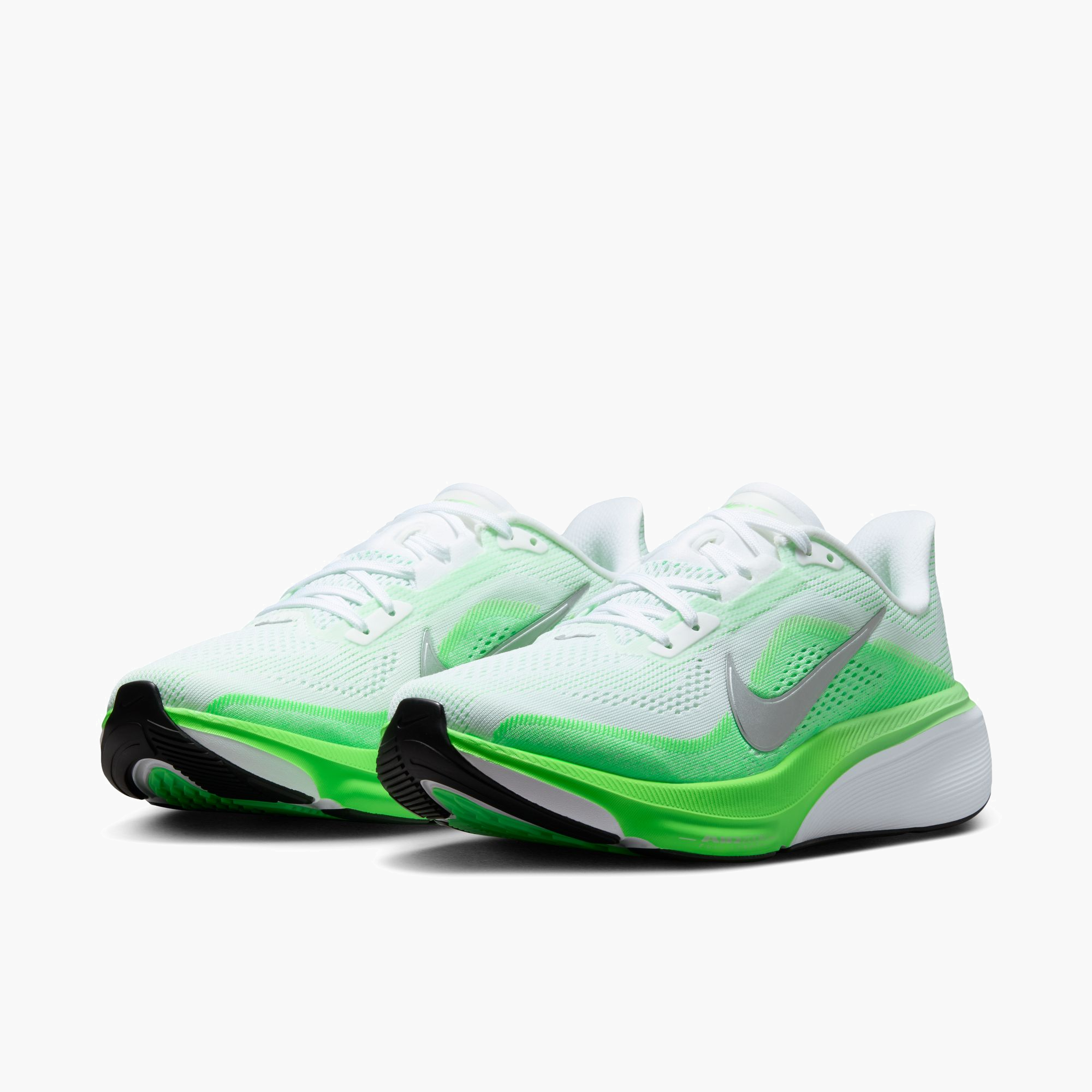 3/4 angle shot of Women's Pegasus 42 in White / Metallic Silver-Green Strike