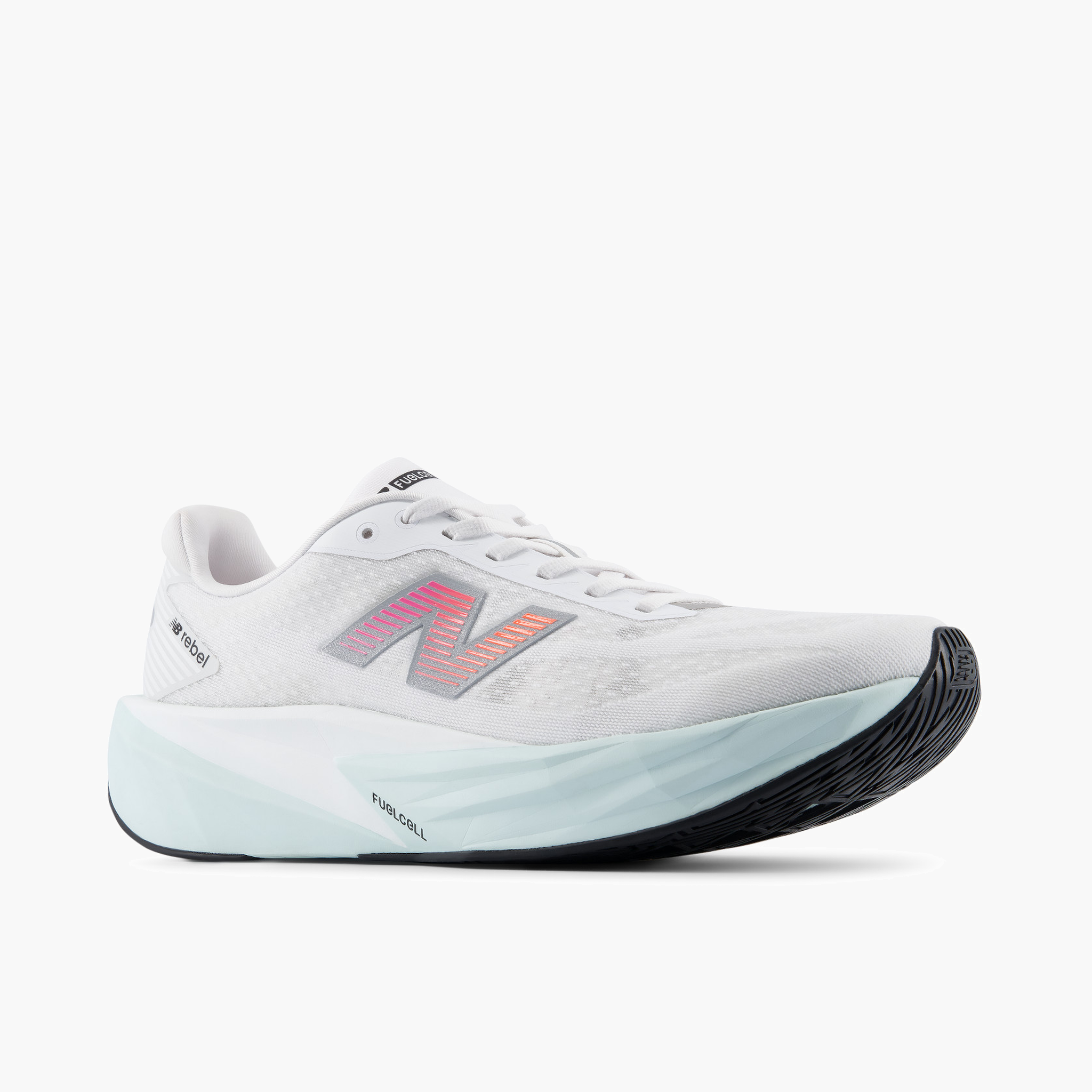 3/4 angle shot of Men's FuelCell Rebel v5 in White / Pinkheat / Glintblue