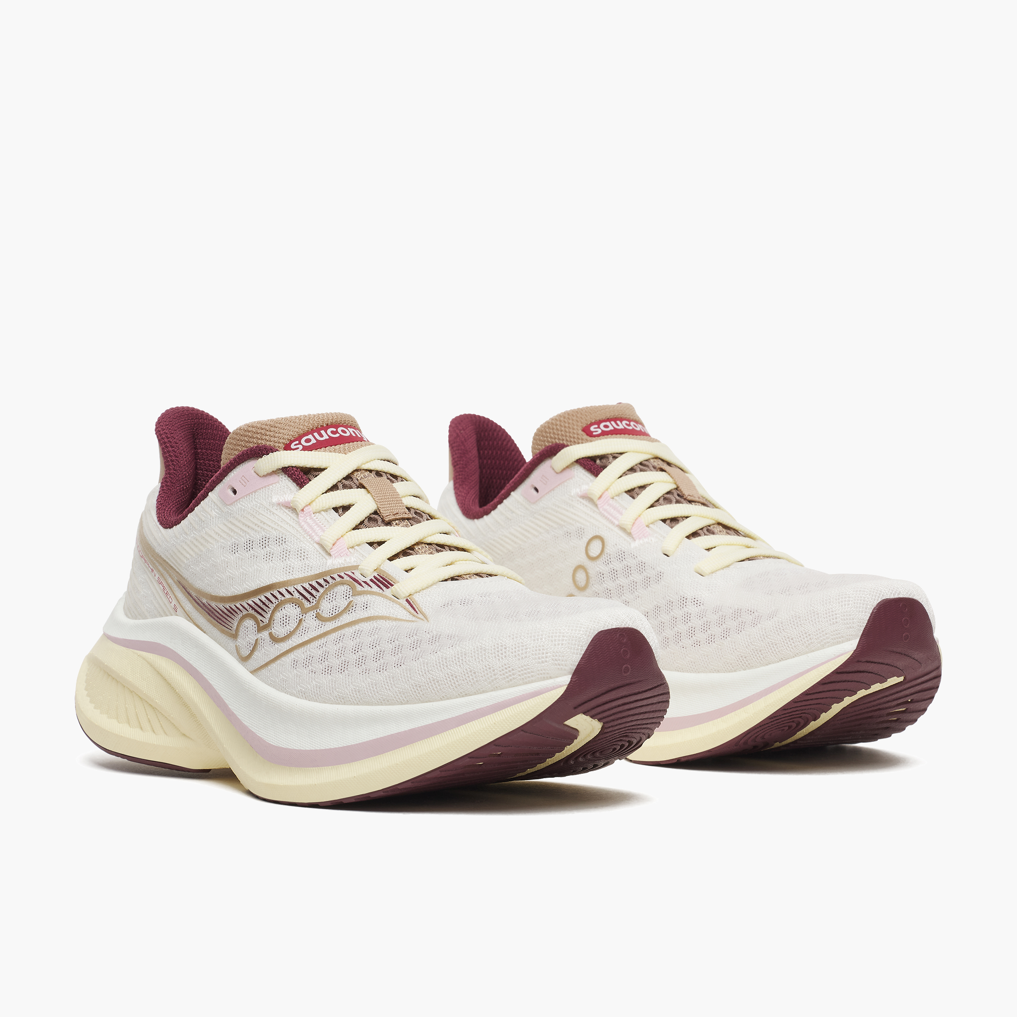 3/4 angle shot of Women's Endorphin Speed 5 in Ivory / Maroon