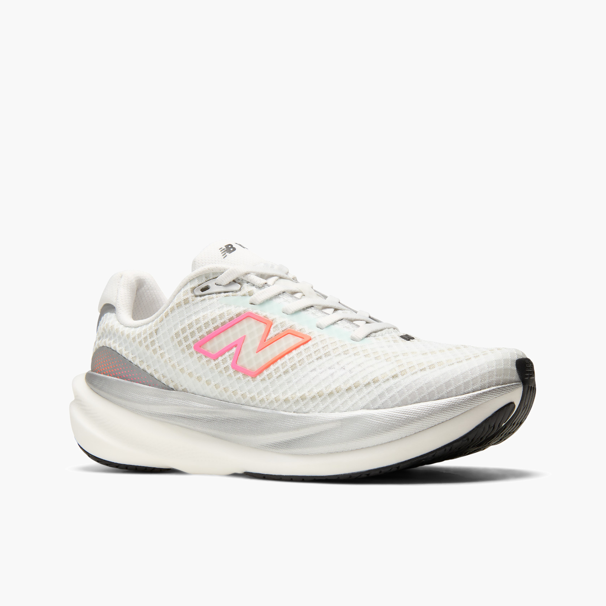 3/4 angle shot of Women's 1080 v15 in White / Pinkheat / Tangerineheat