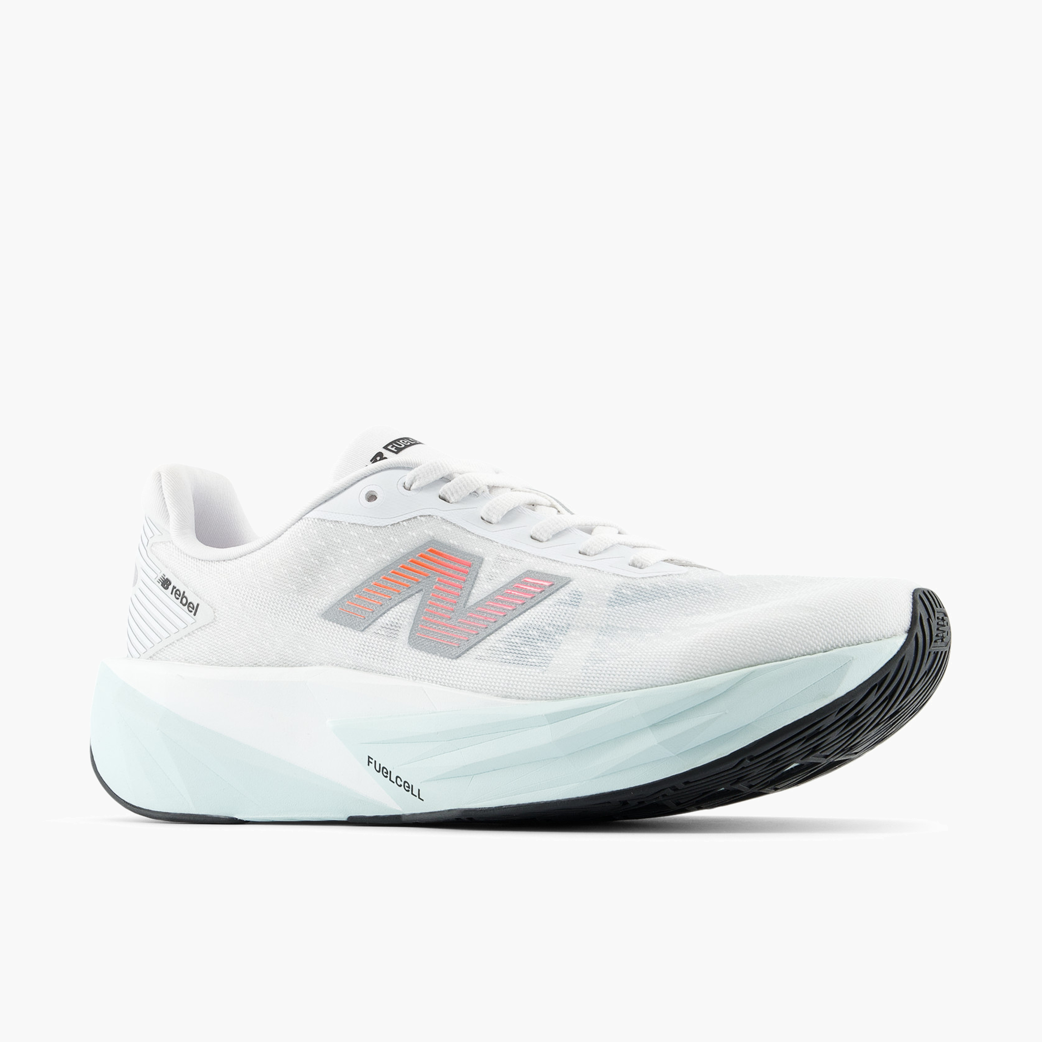 3/4 angle shot of Women's FuelCell Rebel v5 in White / Pinkheat / Glintblue