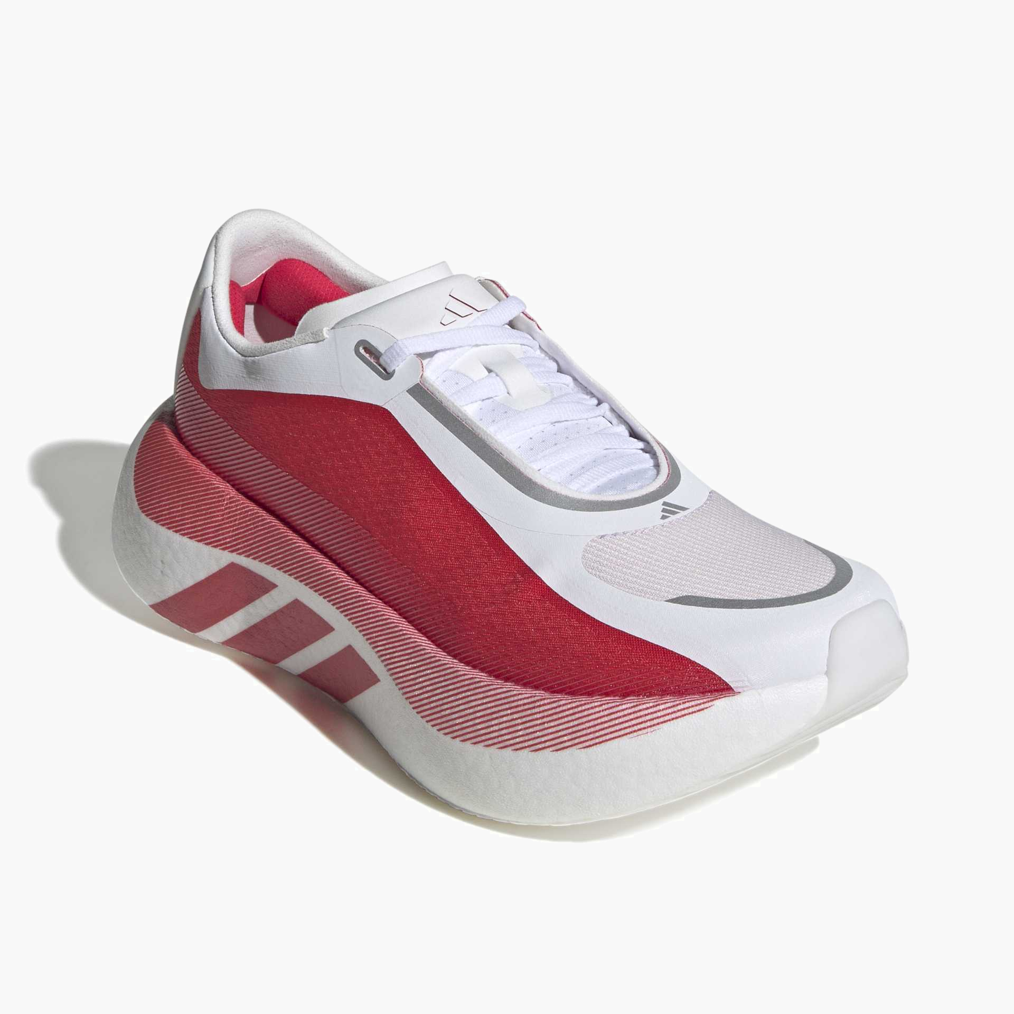 Top front angle shot of Women's Hyperboost Edge in Ftwr White / Pure Ruby / Zero Met.