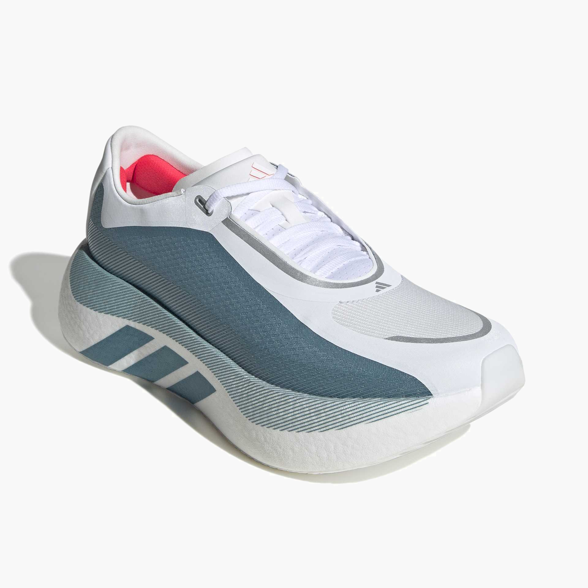 Top front angle shot of Men's Hyperboost Edge in Ftwr White / Petrol Met. / Lucid Red