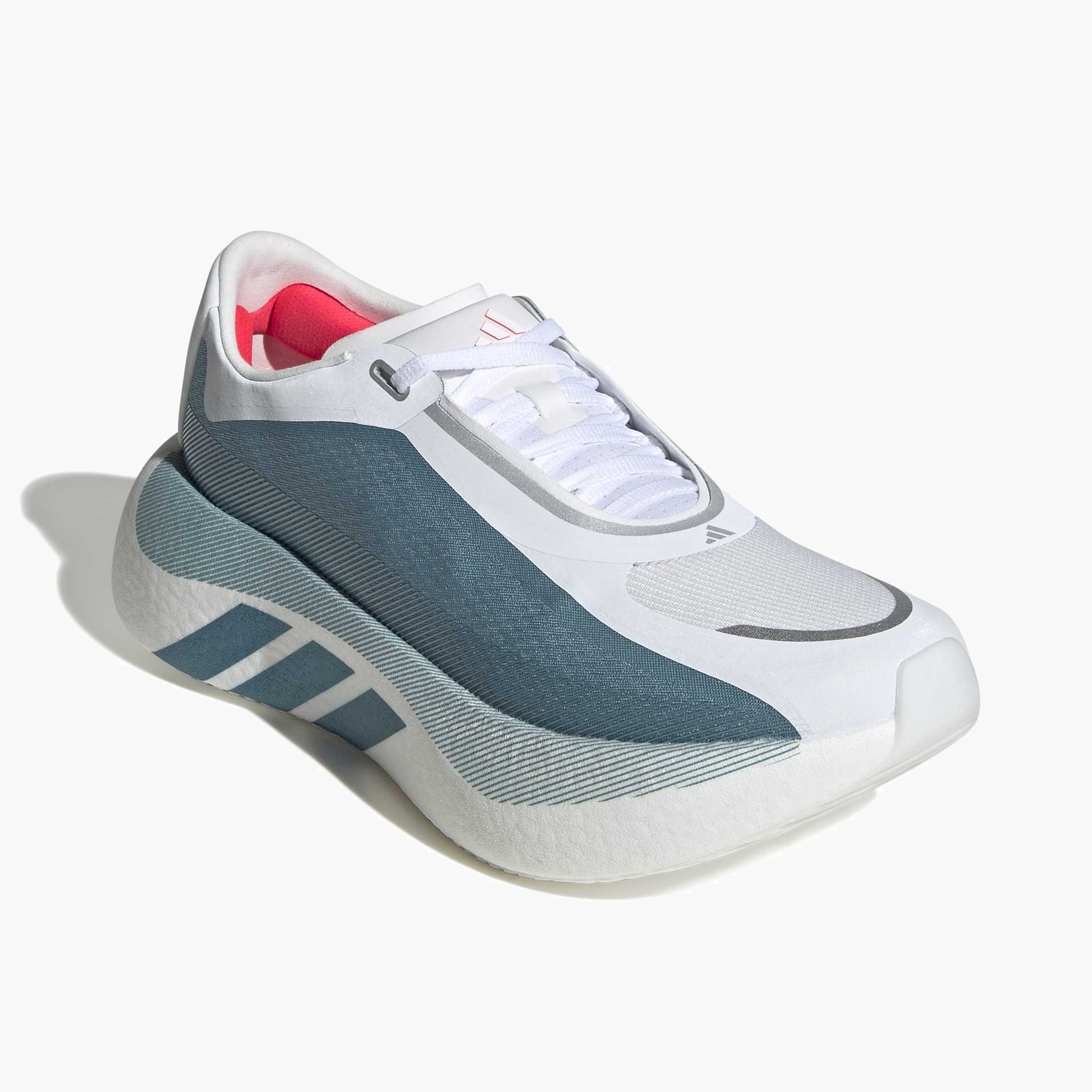 Top front angle shot of Women's Hyperboost Edge in Ftwr White / Petrol Met. / Lucid Red