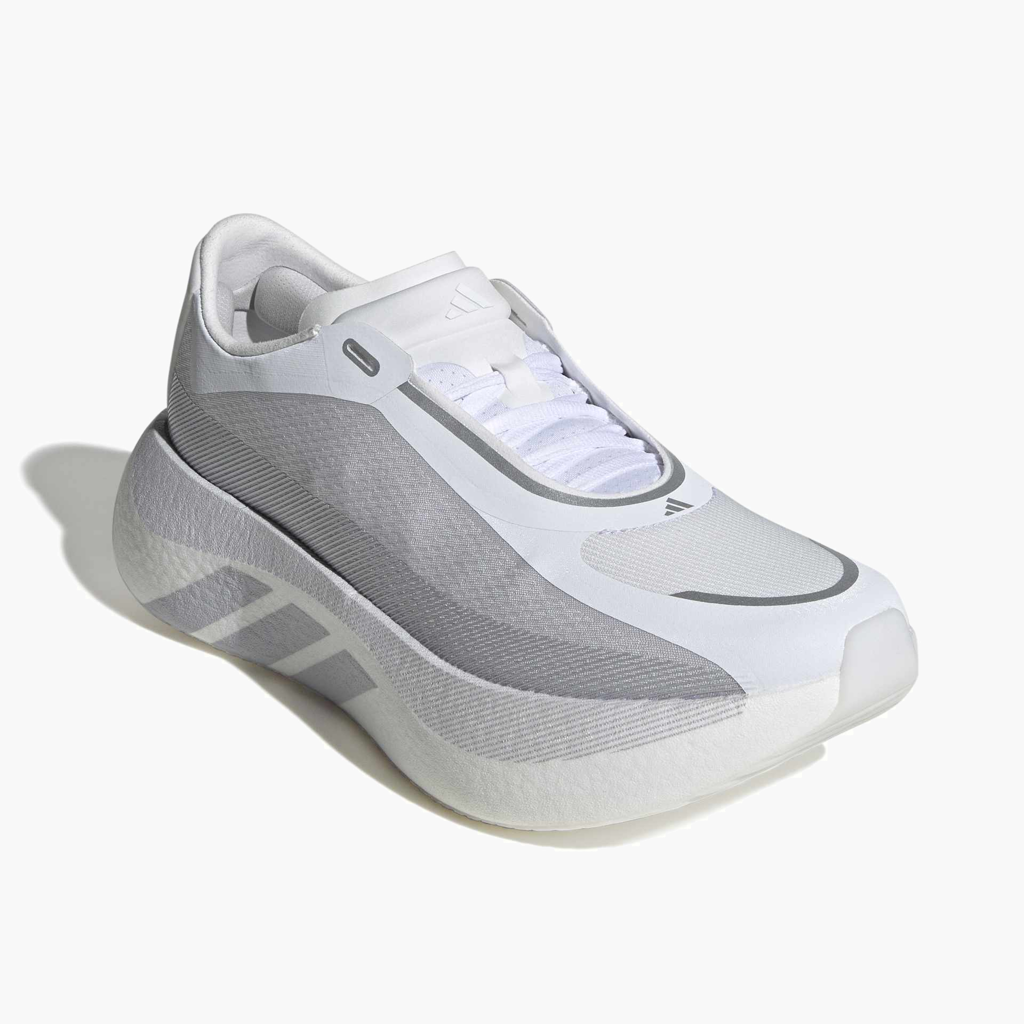 Top front angle shot of Men's Hyperboost Edge in Ftwr White / Lgh Solid Grey / Silver Met.