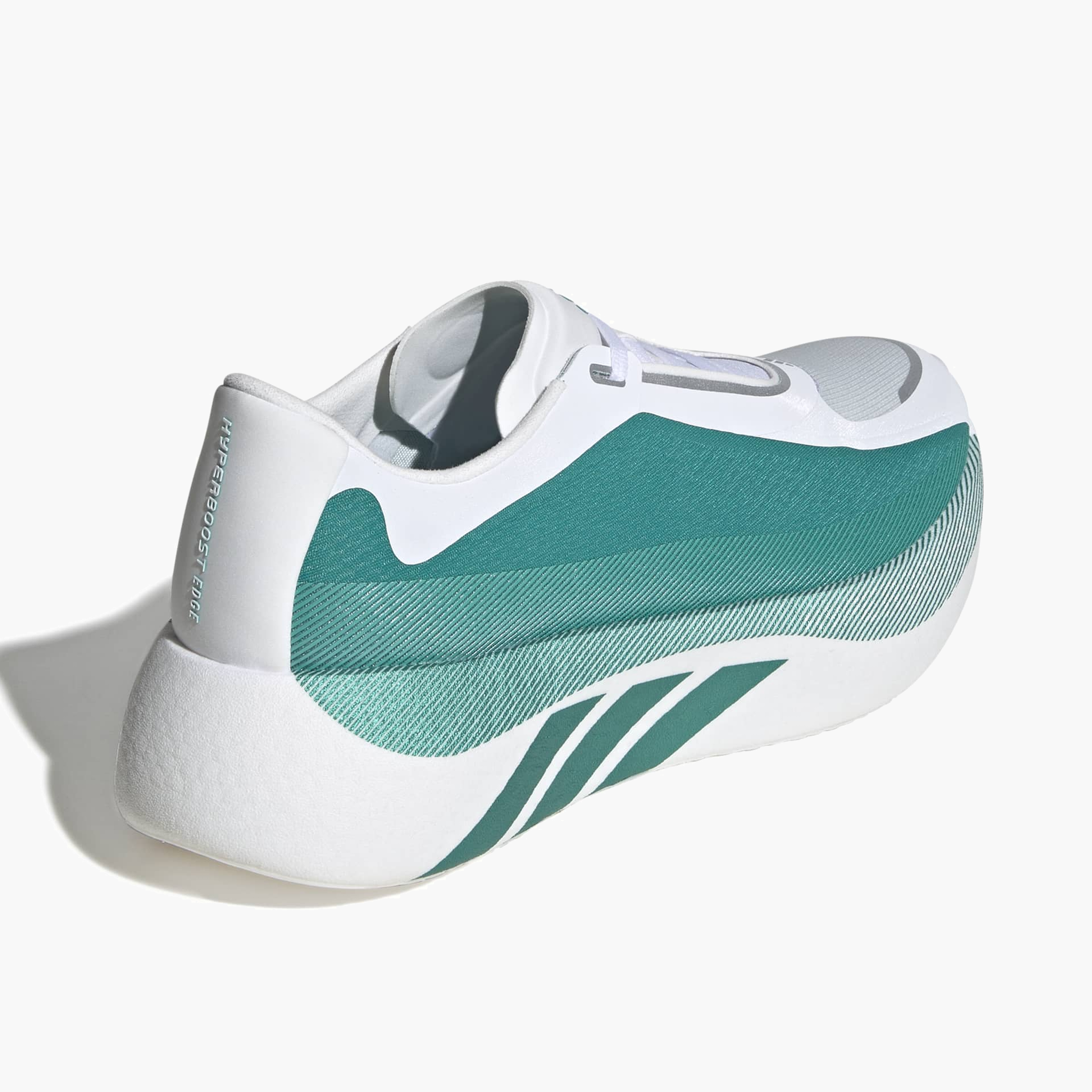 Top back angle shot of Men's Hyperboost Edge in Ftwr White / Equipment Green / Zero Met.