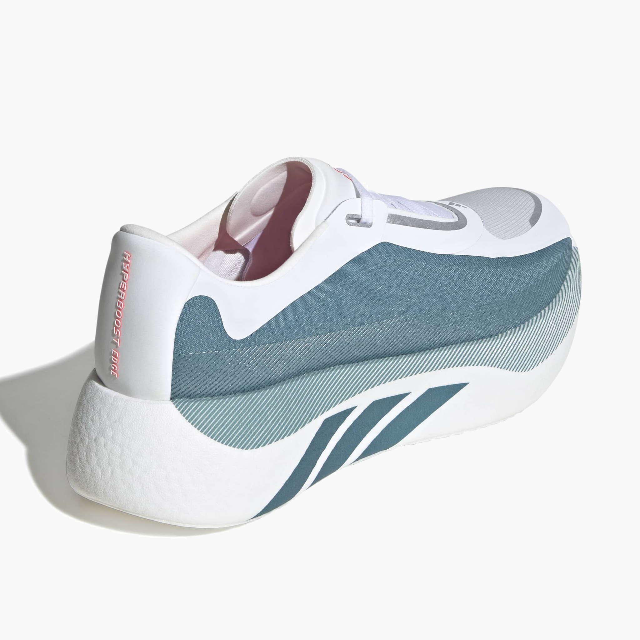 Top back angle shot of Men's Hyperboost Edge in Ftwr White / Petrol Met. / Lucid Red