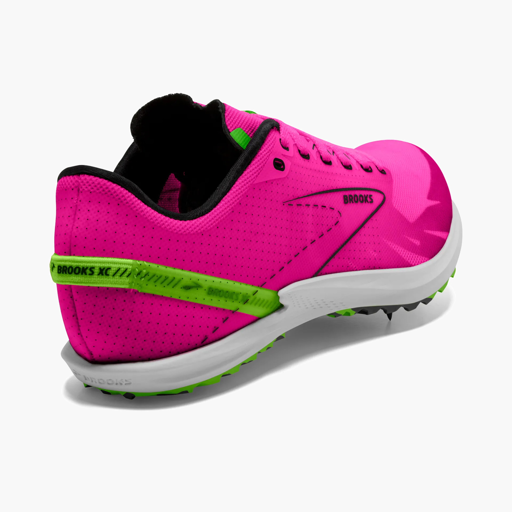Heel angle shot of All Gender Draft XC in Pink Glo / Green / Black