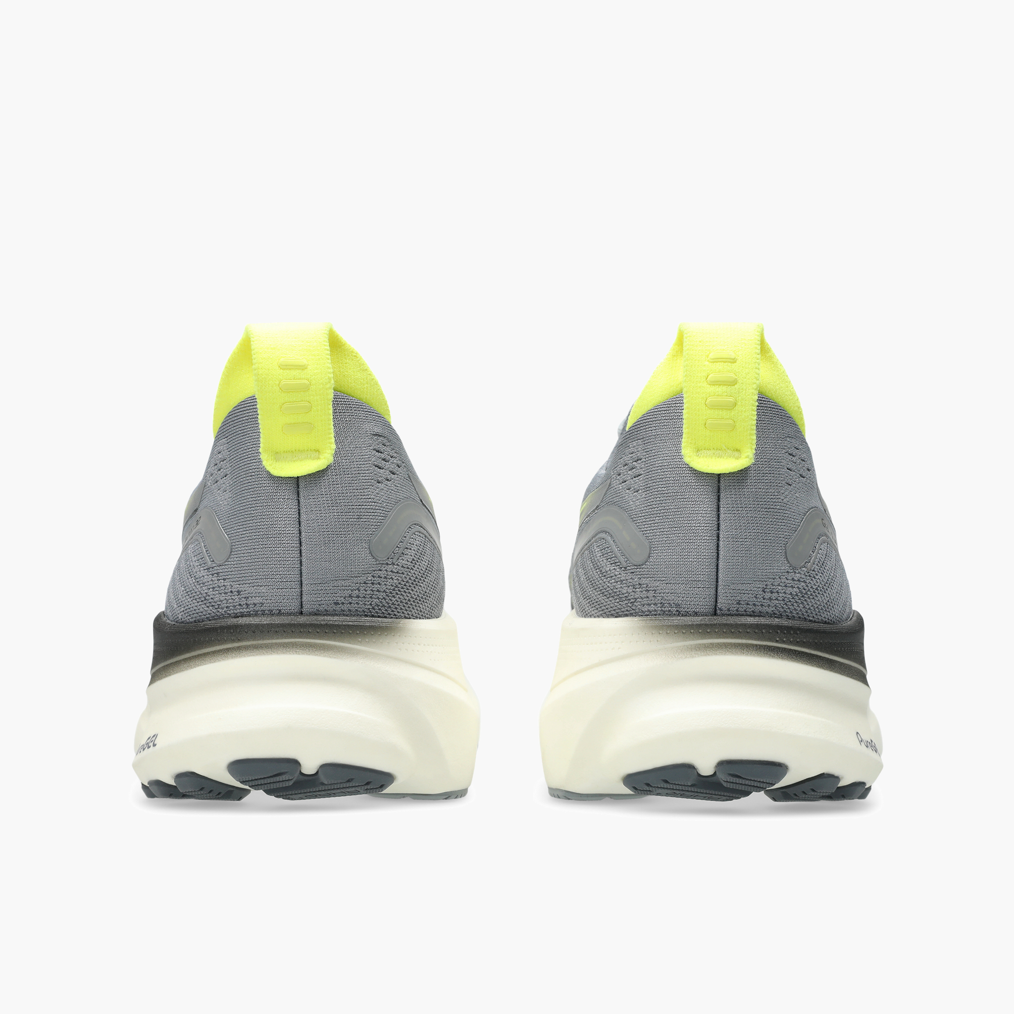 Heel angle shot of Men's Gel-Kayano 32 in Gravel / Citron