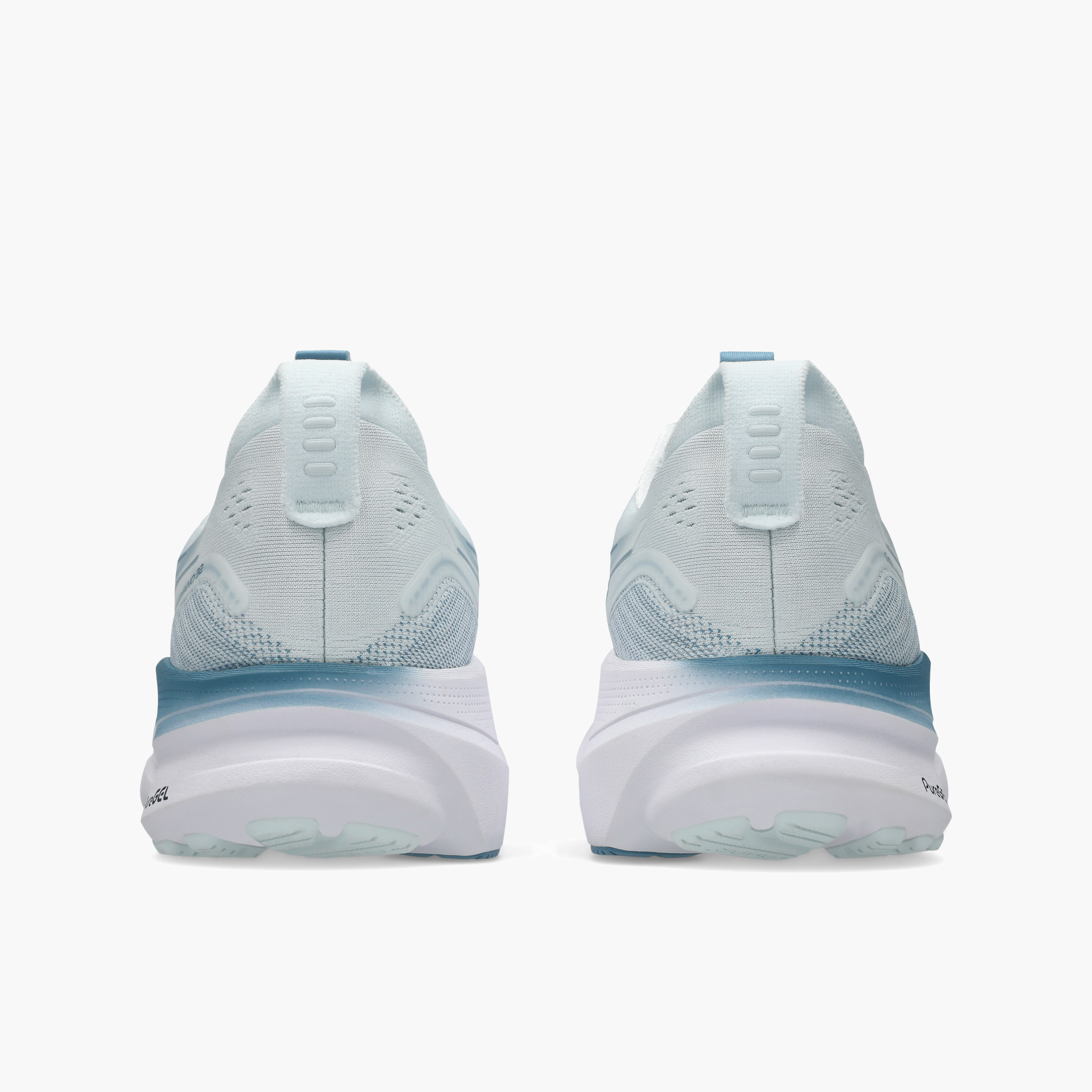 Heel angle shot of Men's Gel-Kayano 32 in Arctic Blue / Pure Silver