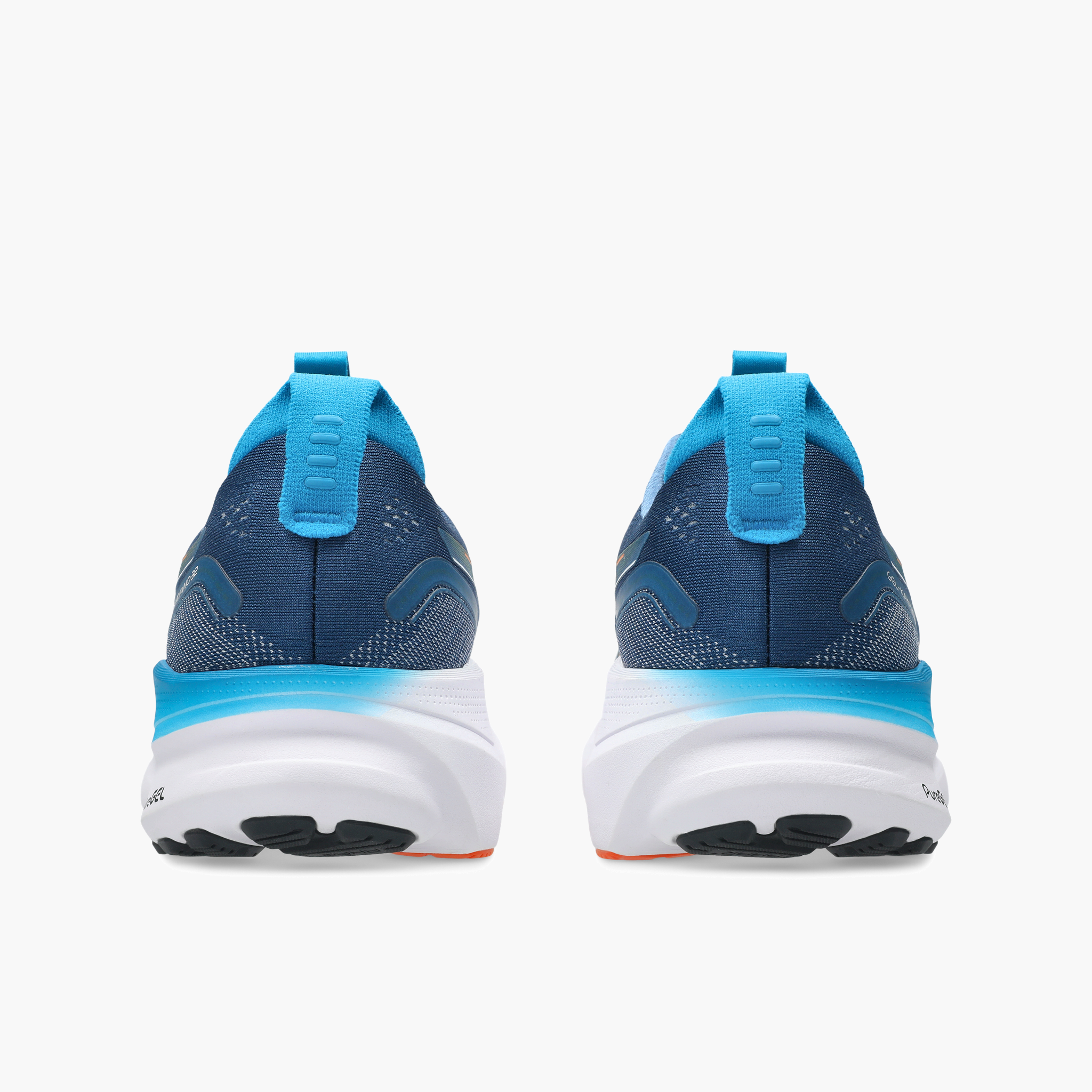 Heel angle shot of Men's Gel-Kayano 32 in Twilight Blue / Anzu