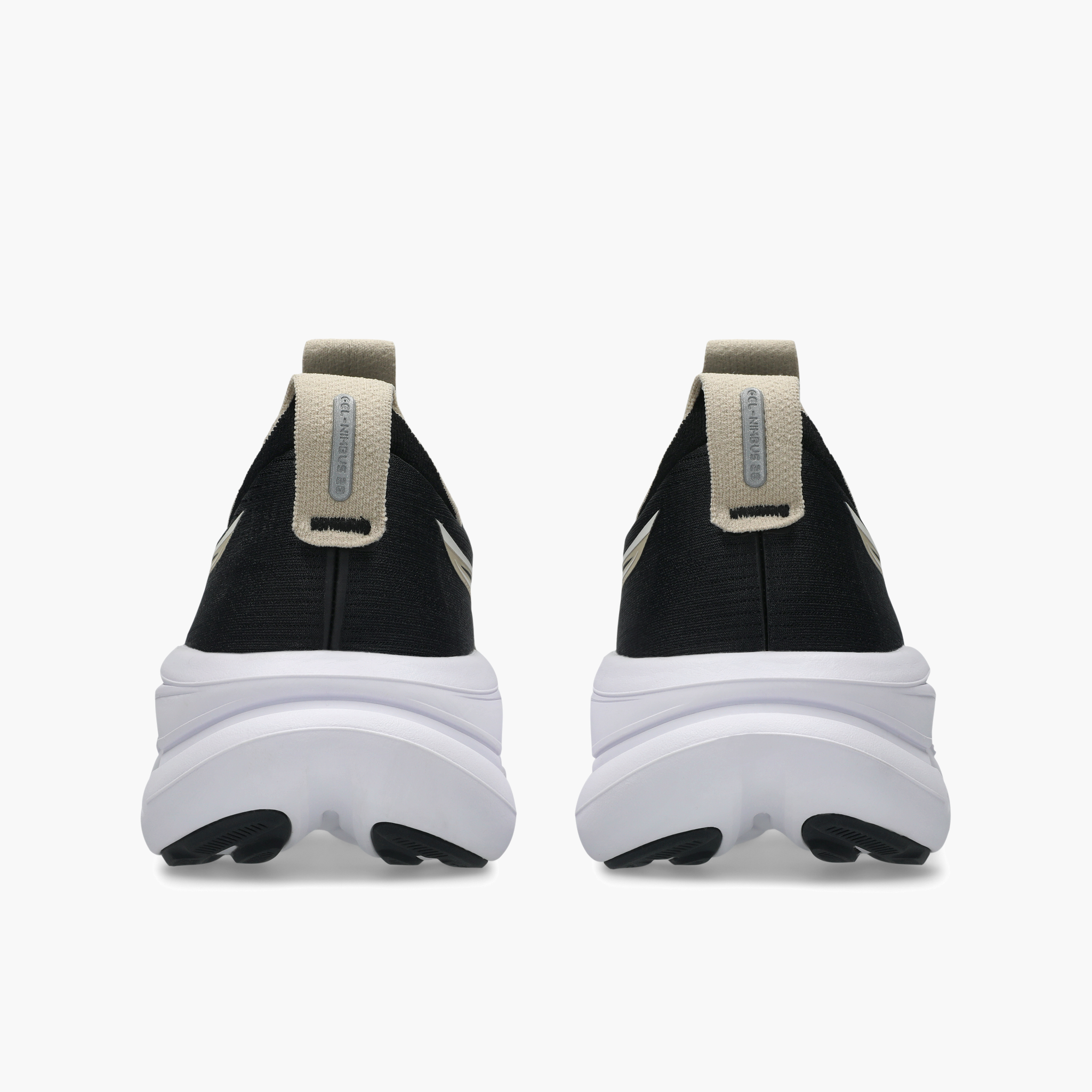 Heel angle shot of Men's Gel-Nimbus 28 in Black / Feather Grey