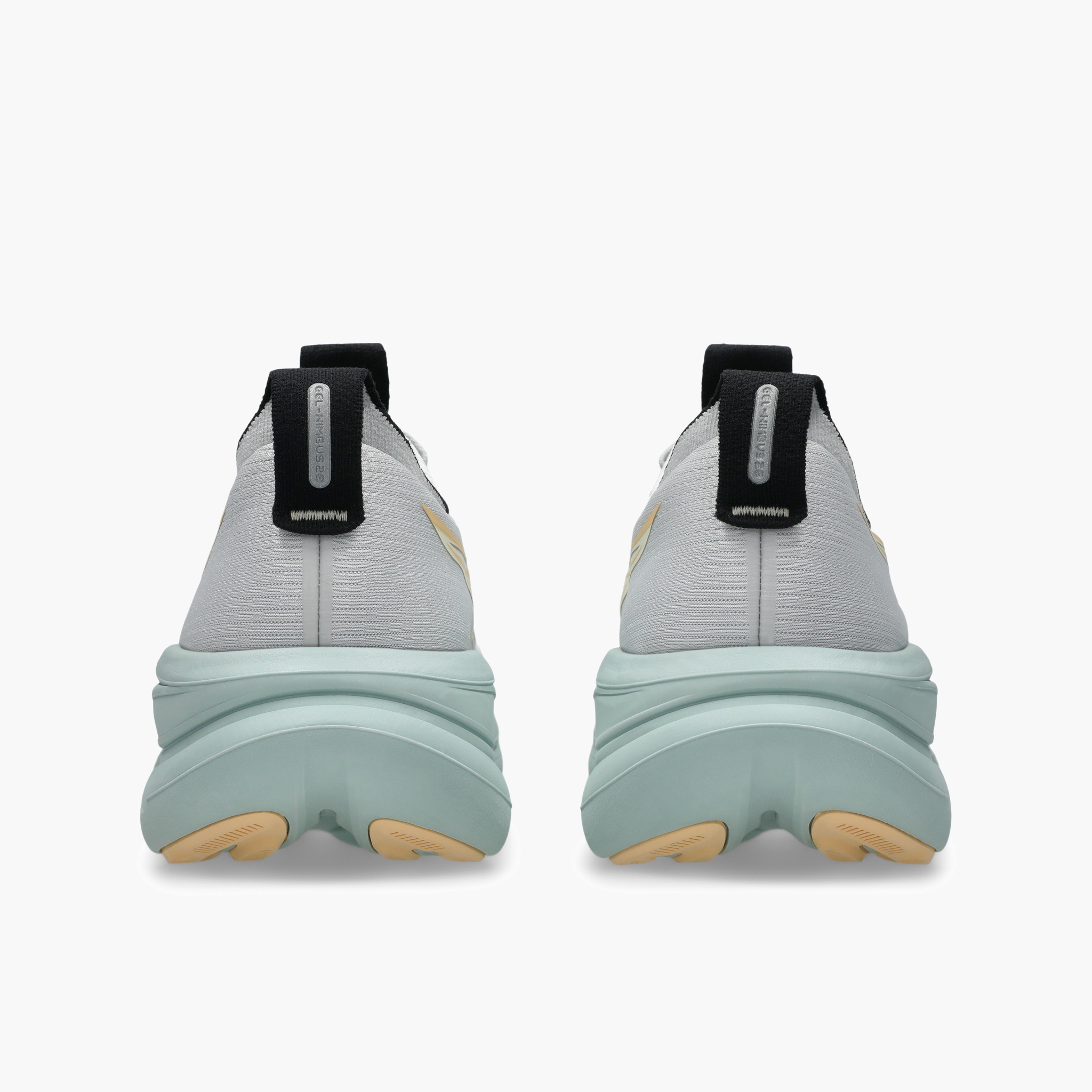 Heel angle shot of Men's Gel-Nimbus 28 in Cloud Grey / Cream