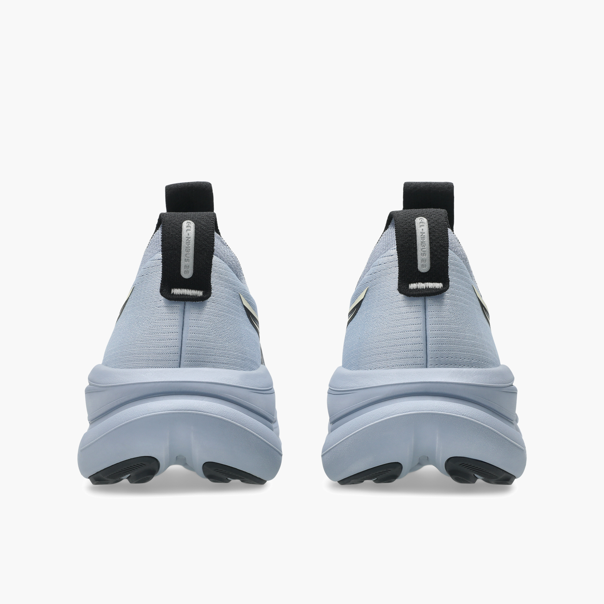 Heel angle shot of Men's Gel-Nimbus 28 in Grey Blue / Black