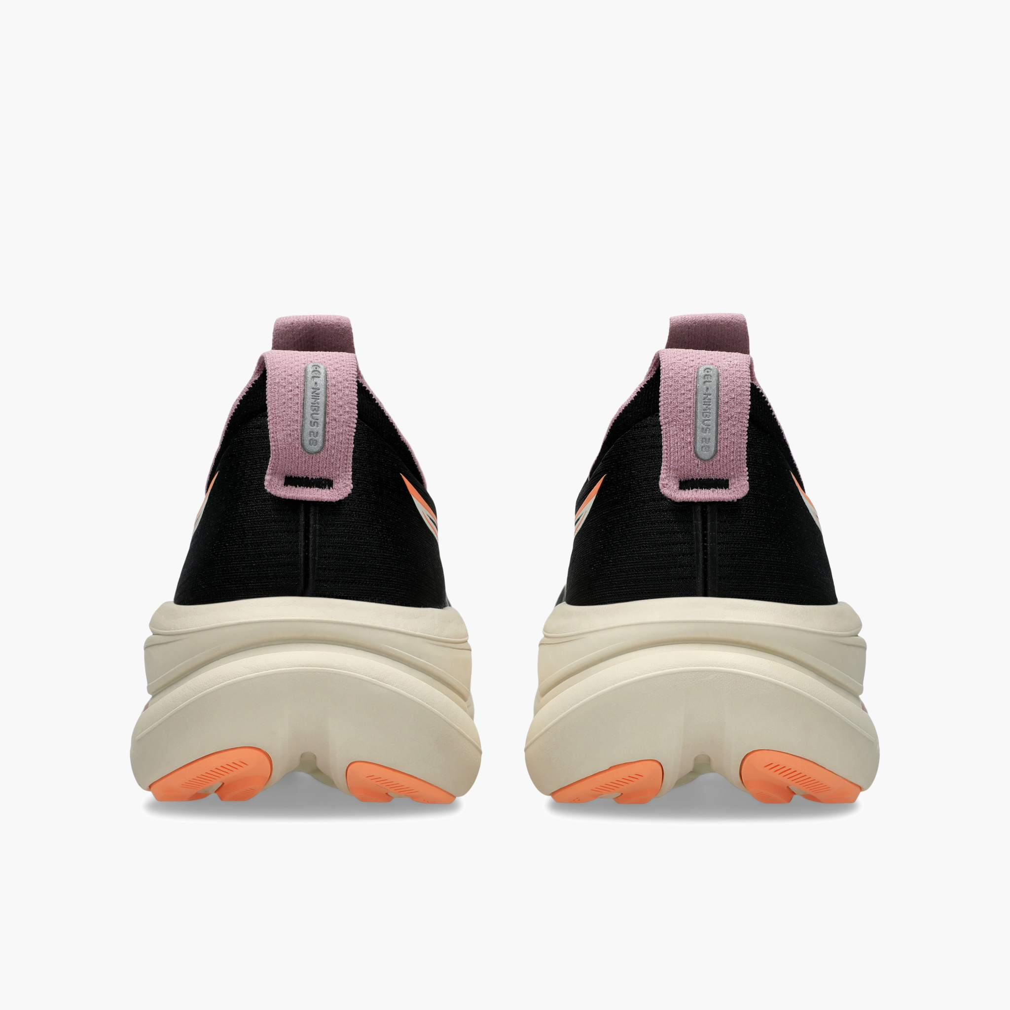 Heel angle shot of Women's Gel-Nimbus 28 in Black / Taro Purple