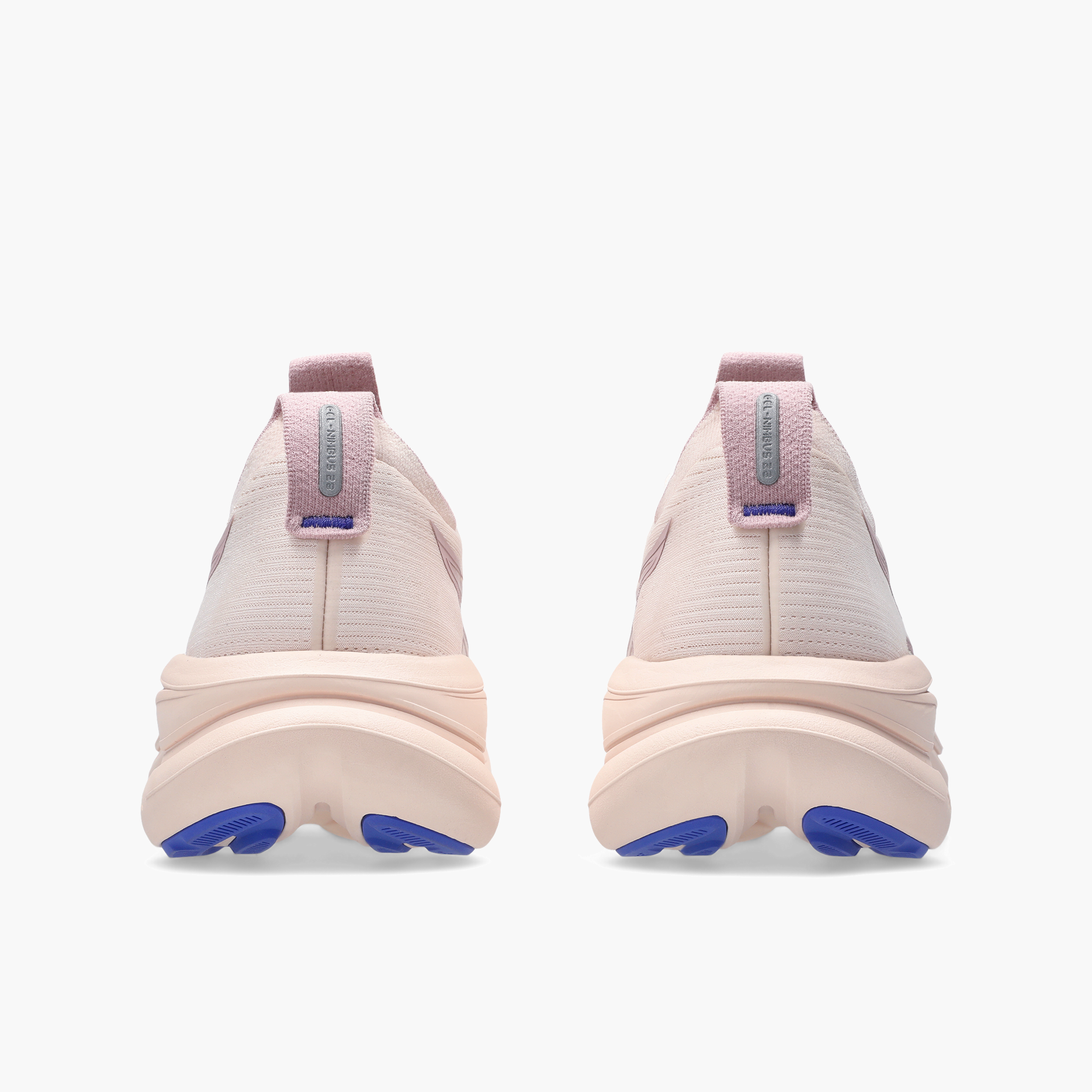 Heel angle shot of Women's Gel-Nimbus 28 in Pearl Pink / Morganite