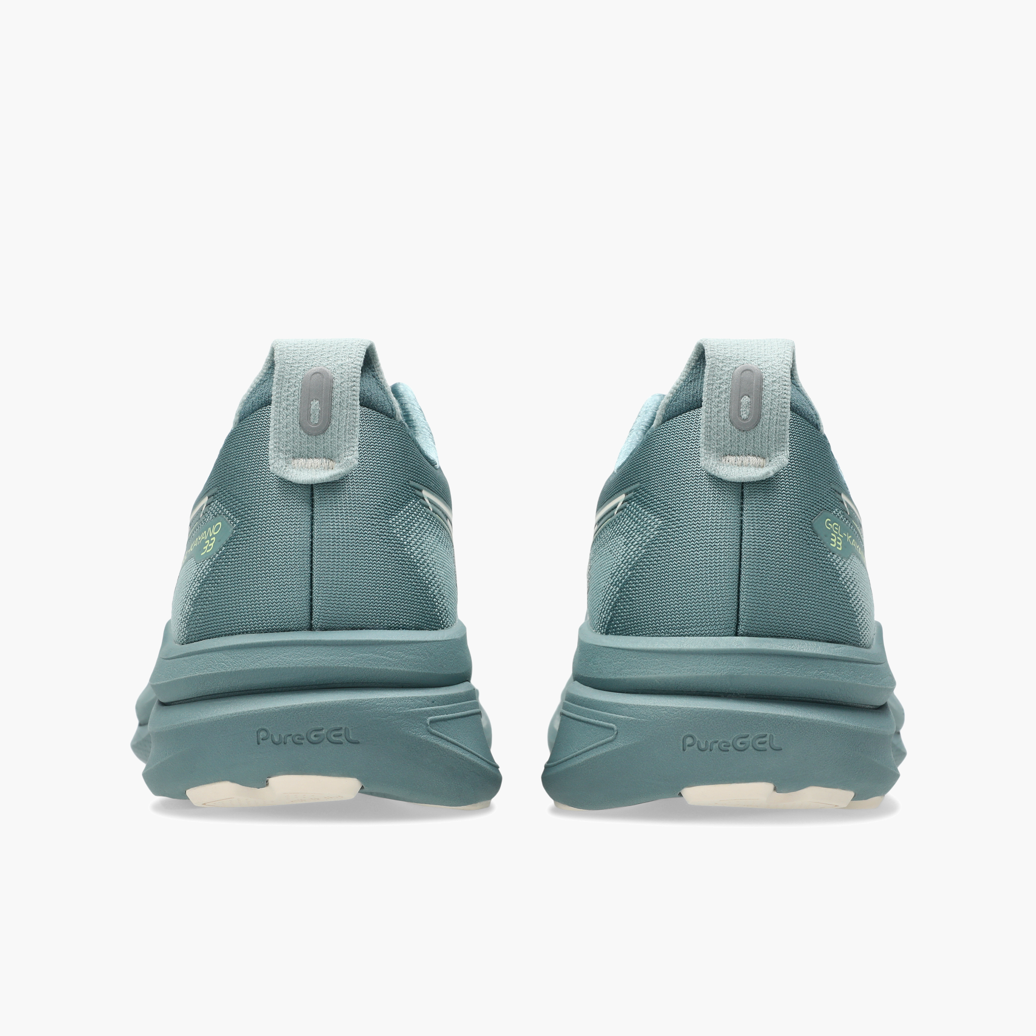 Heel angle shot of Women's Gel-Kayano 33 in Foggy Teal / Rose Dust