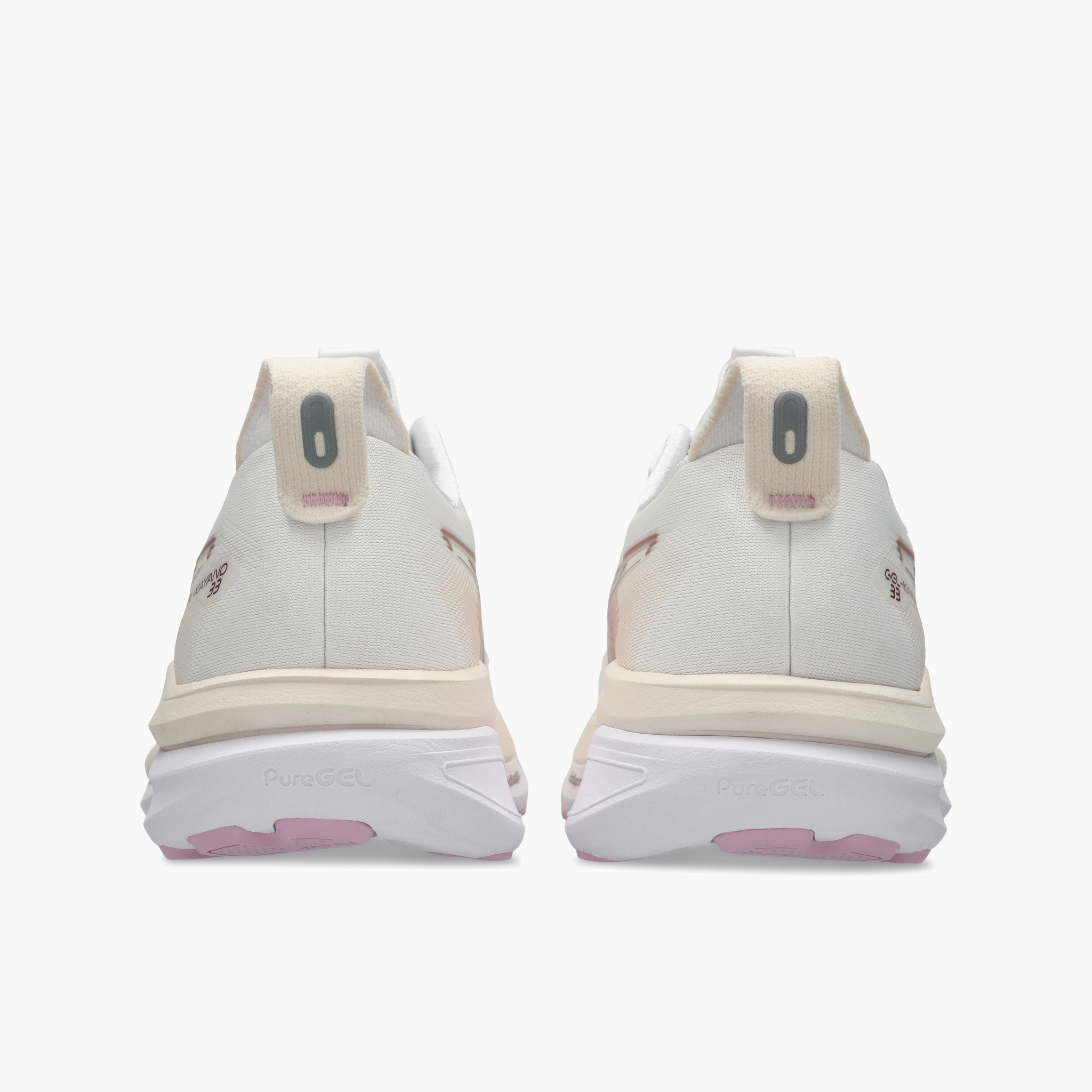 Heel angle shot of Women's Gel-Kayano 33 in White / Hazy Lilac