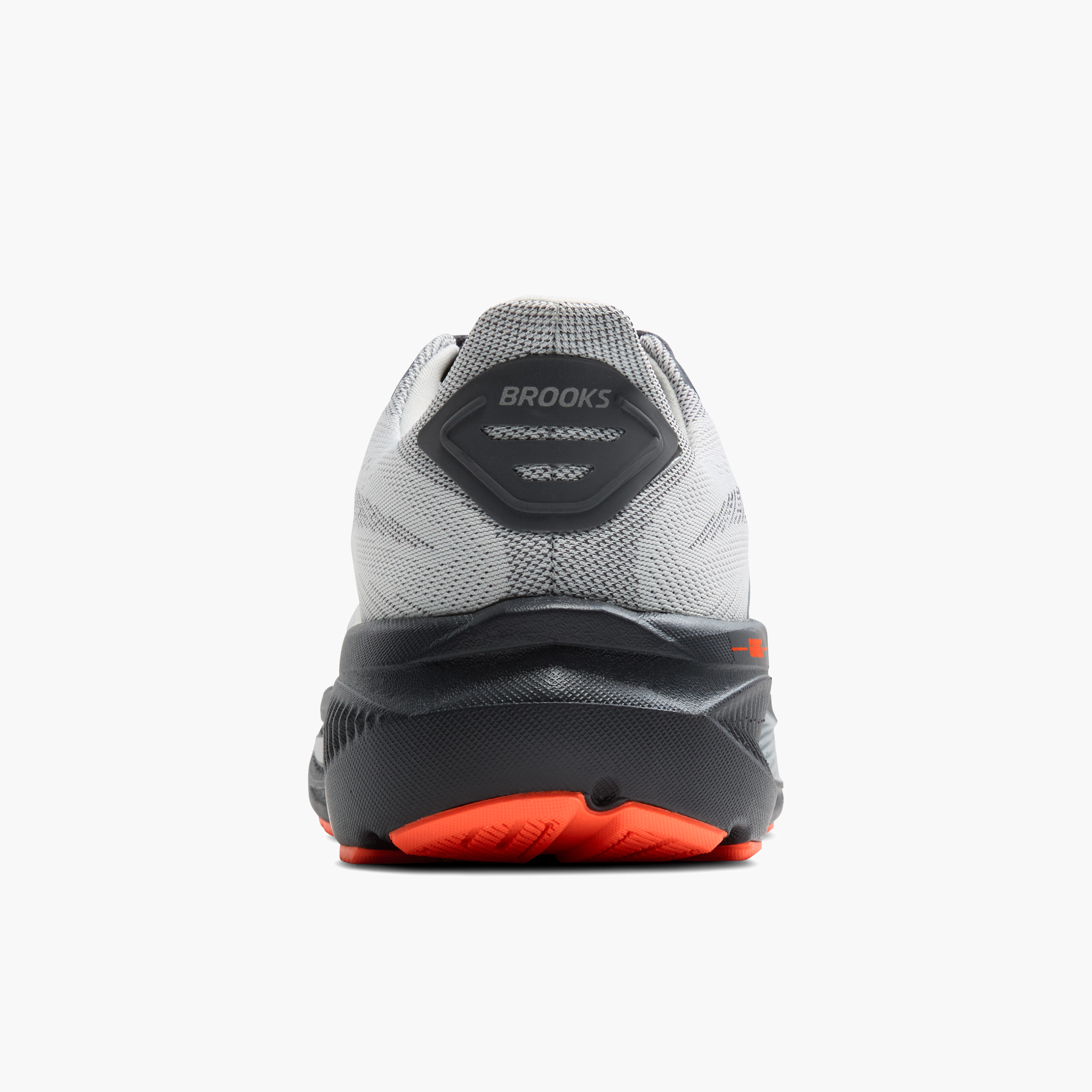 Heel angle shot of Men's Ghost 17 in Oyster Mushroom / Orange / Ebony