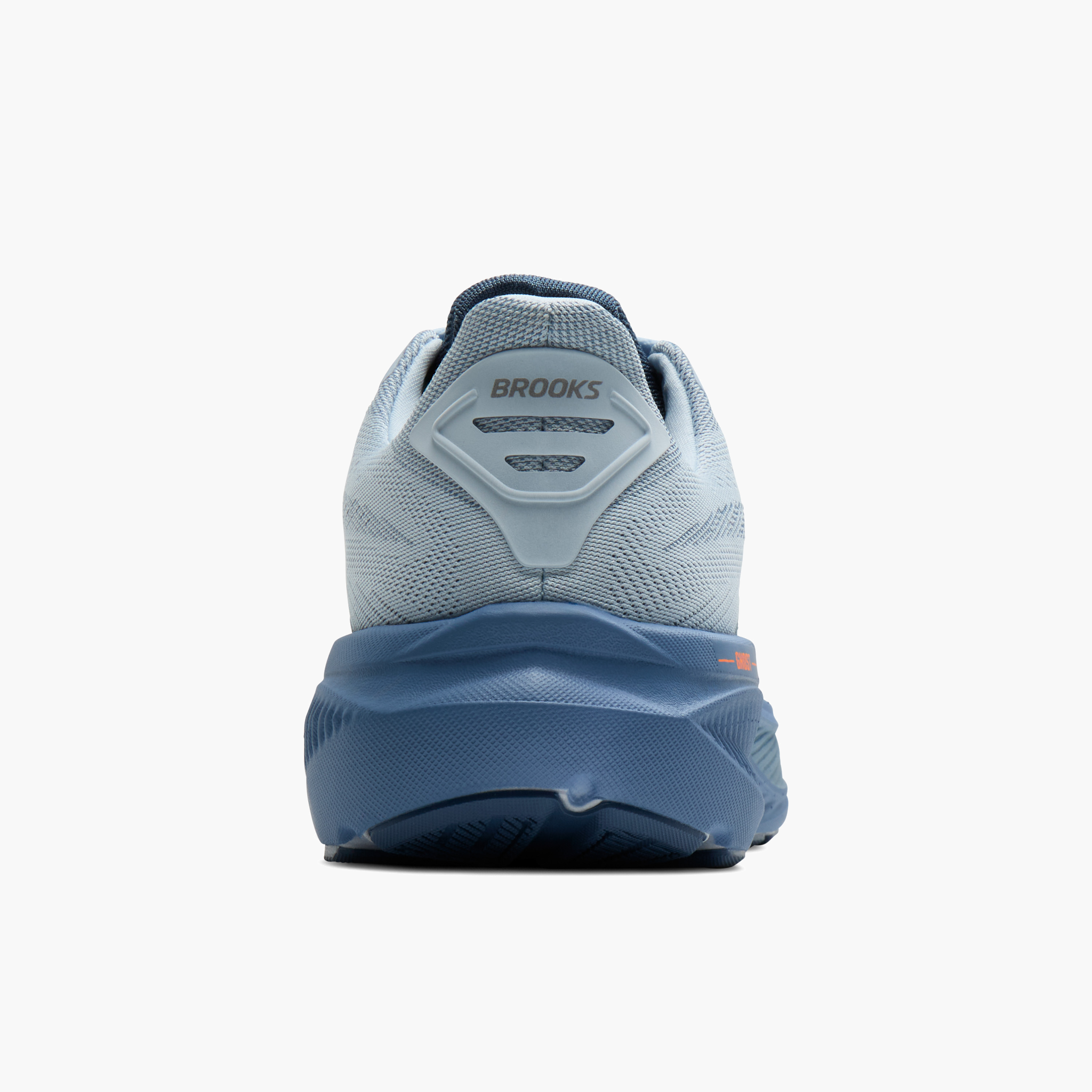 Heel angle shot of Men's Ghost 17 in Skyway / Moonlight / Orange