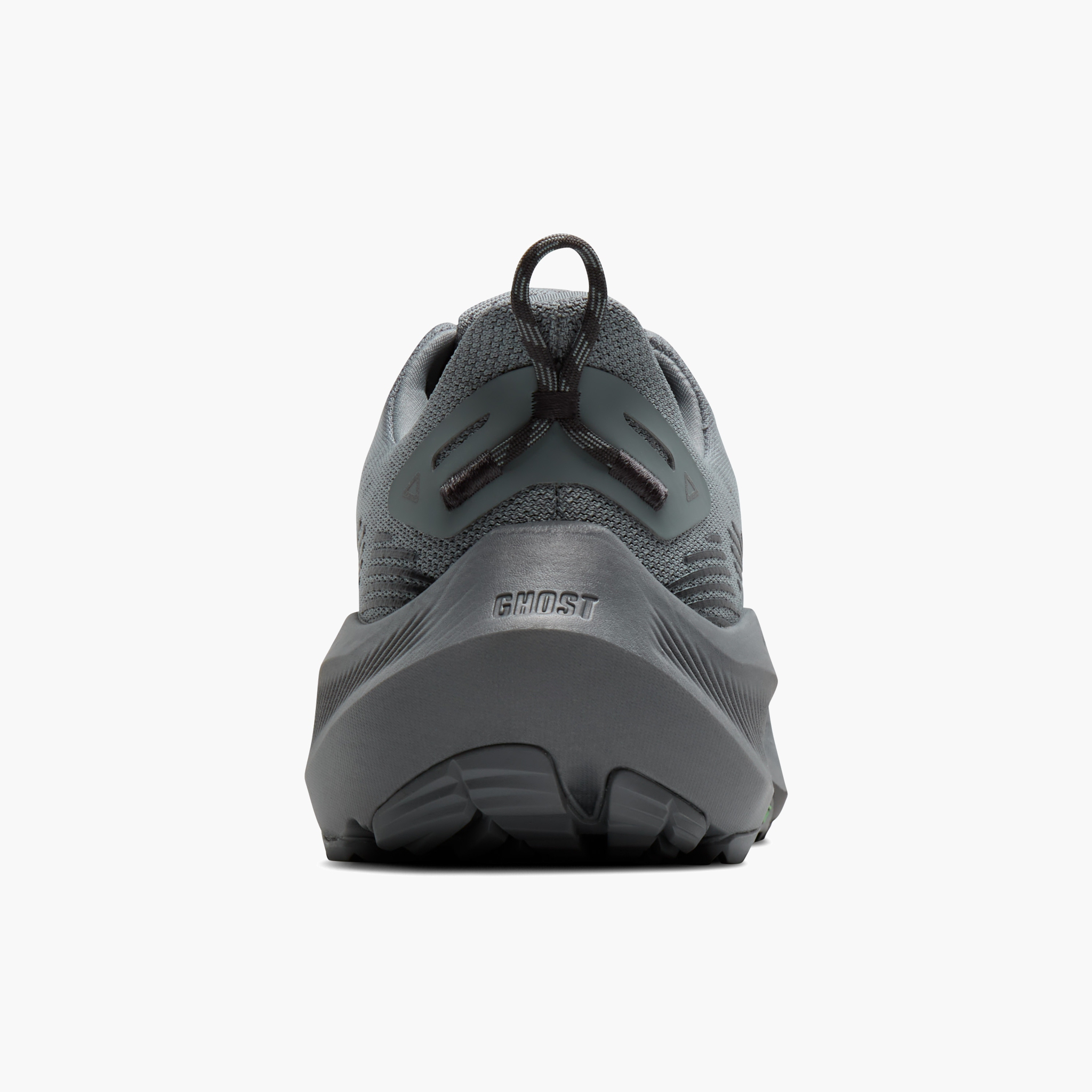 Heel angle shot of Men's Ghost Trail in Gray / Gray / Blackened Pearl