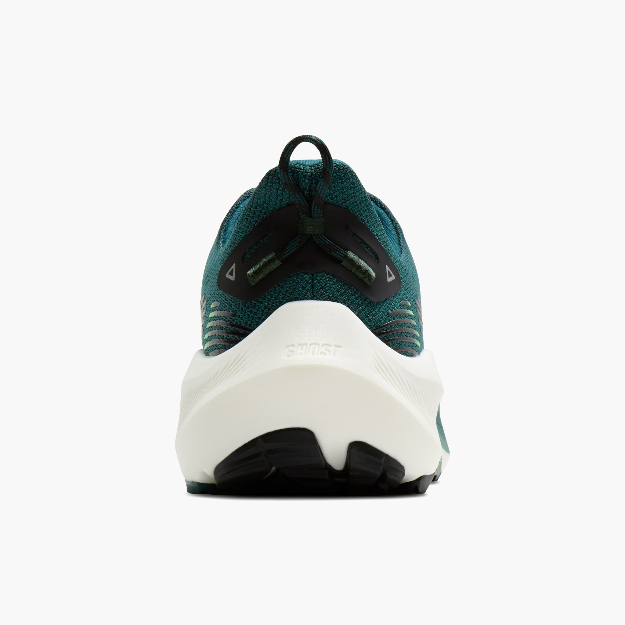 Heel angle shot of Men's Ghost Trail in Atlantic Deep / Black / Green