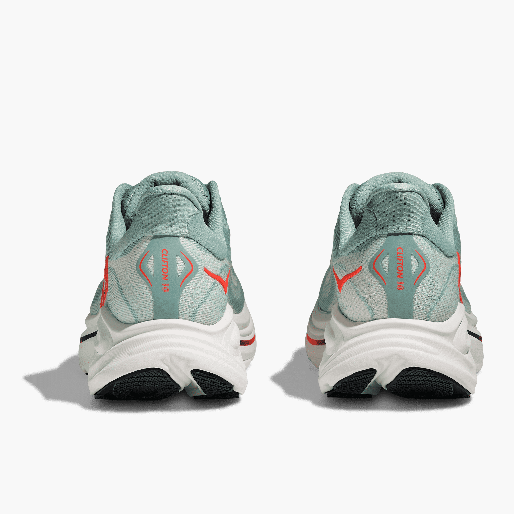 Heel angle shot of Men's Clifton 10 in Sage  /  Neon Flame