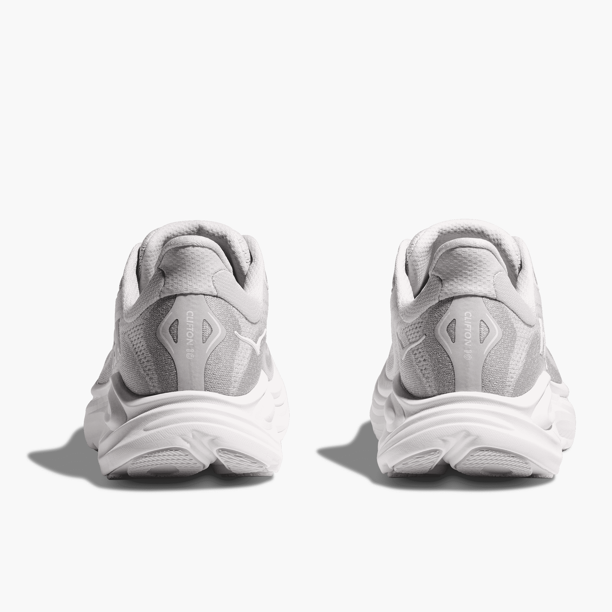Heel angle shot of Women's Clifton 10 in Cosmic Grey / Stardust