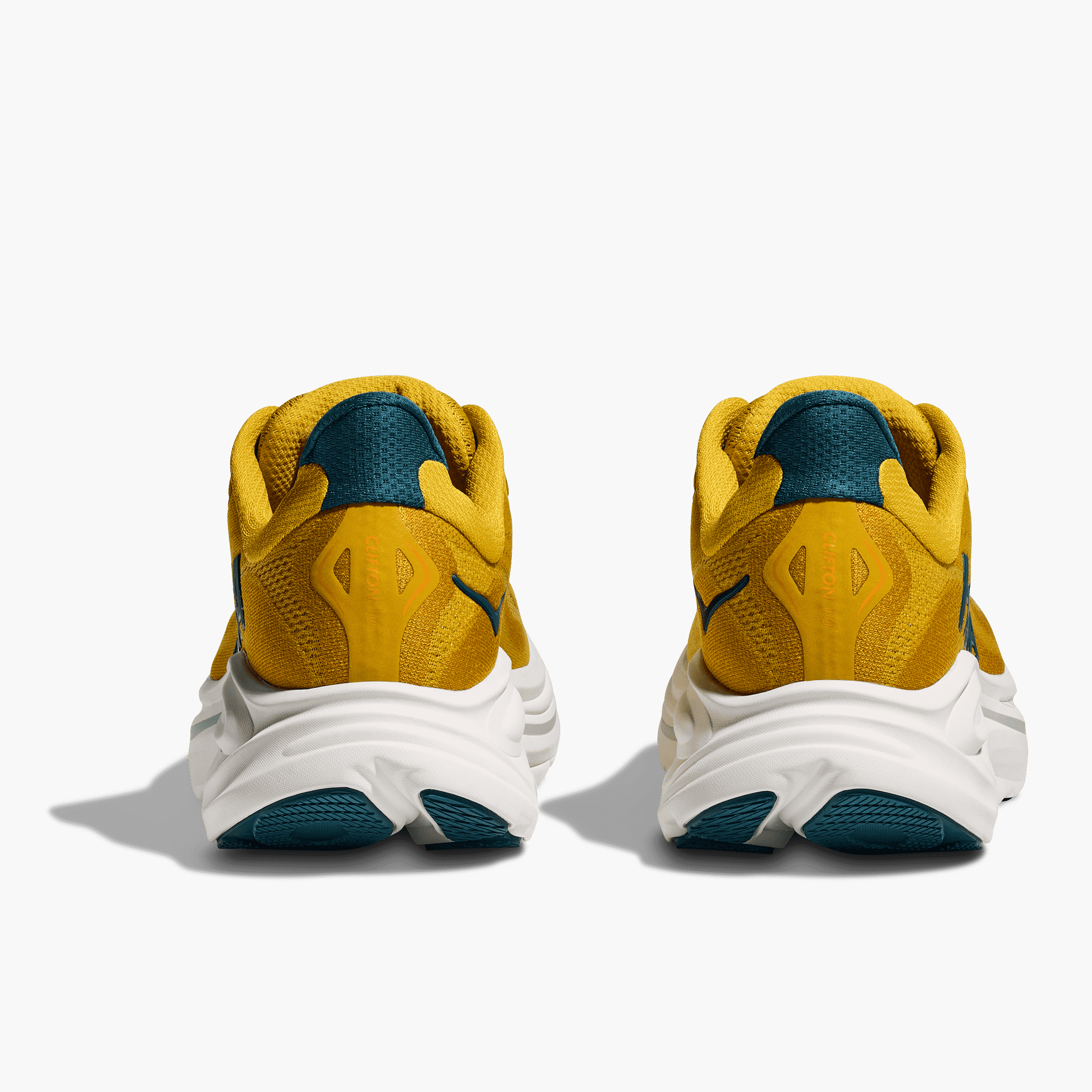 Heel angle shot of Men's Clifton 10 in Yellow Gold  /  Tidal Wave