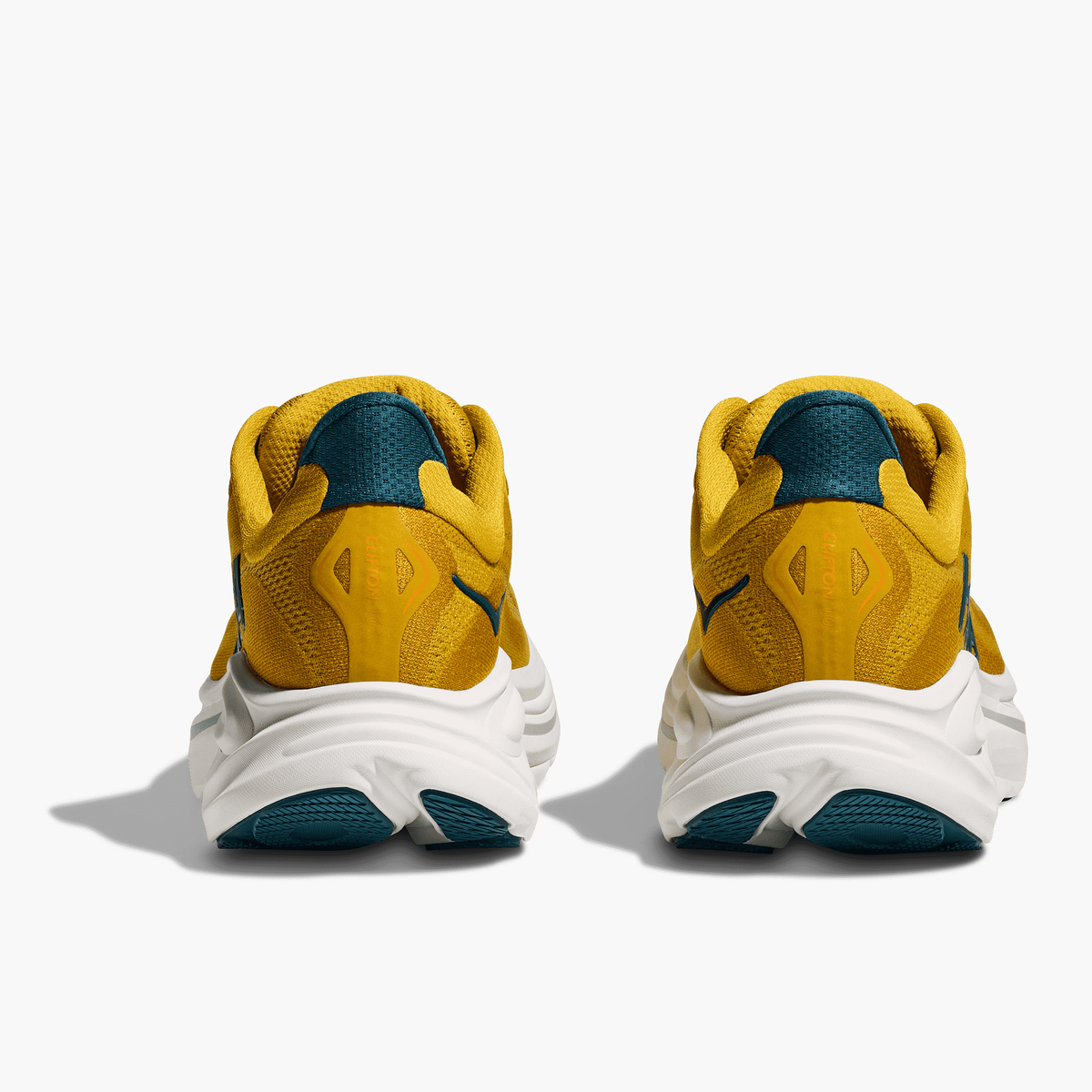 Heel angle shot of Men's Clifton 10 in Yellow Gold  /  Tidal Wave