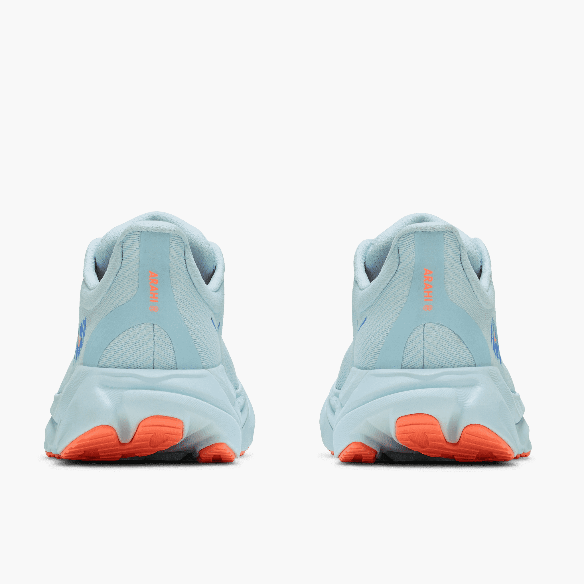 Heel angle shot of Women's Arahi 8 in Glimmering Blue  /  Neon Cantaloupe