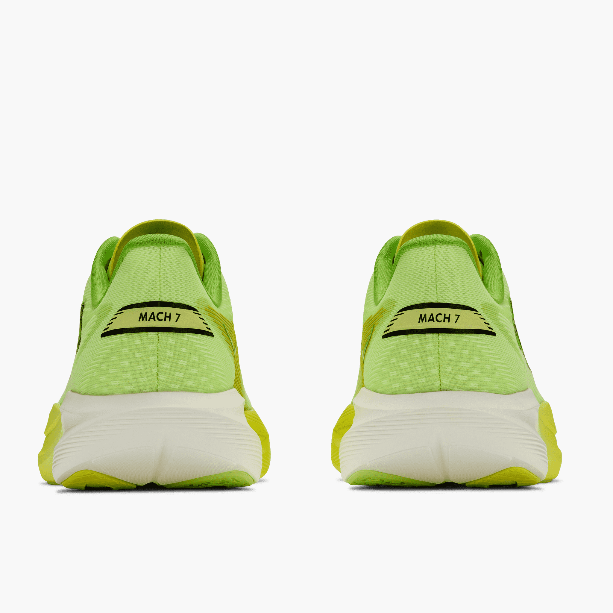 Heel angle shot of Men's Mach 7 in Neon Yuzu  /  Hoka Citrus