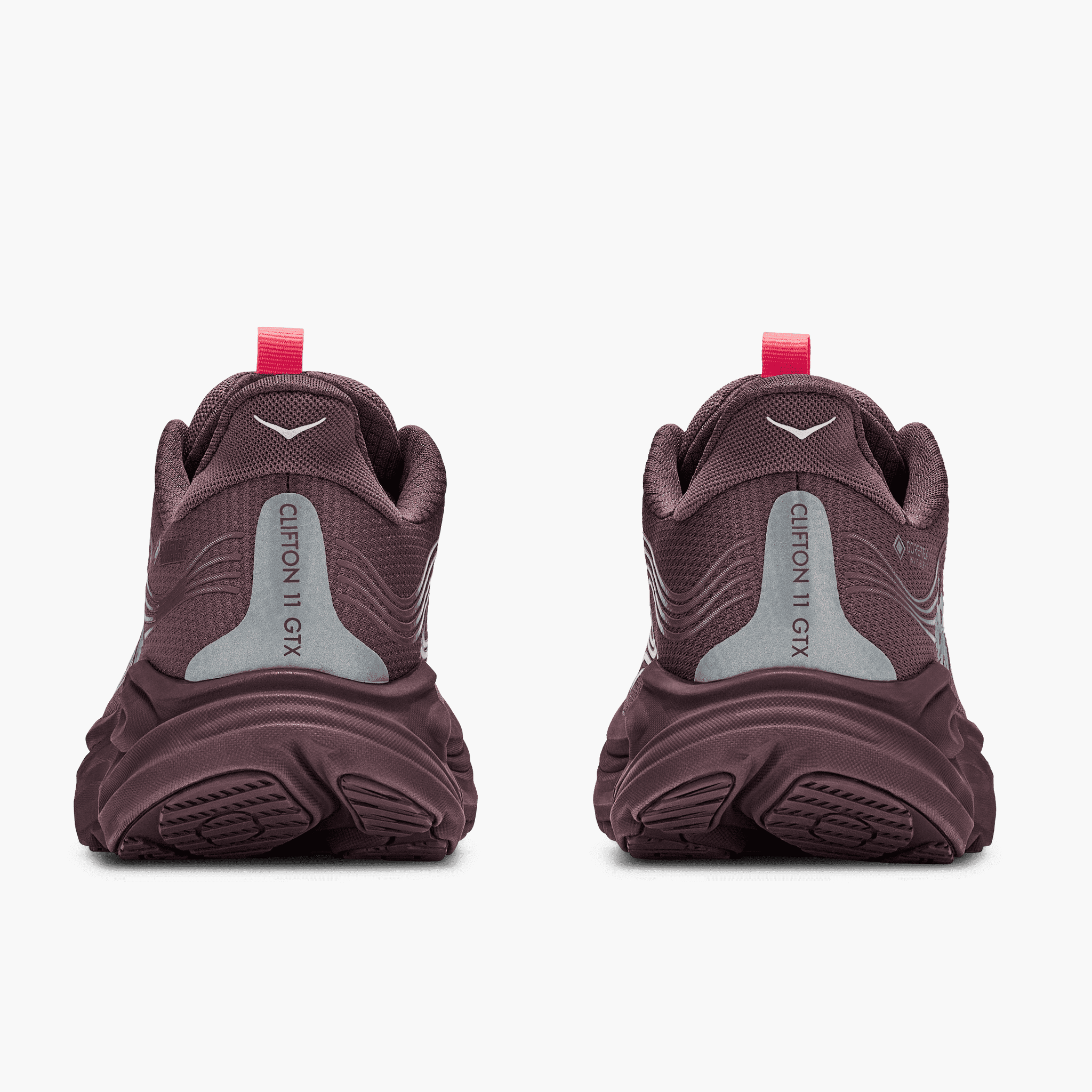 Heel angle shot of Women's Clifton 11 Gore-Tex in Smoky Quartz  /  Deep Mauve