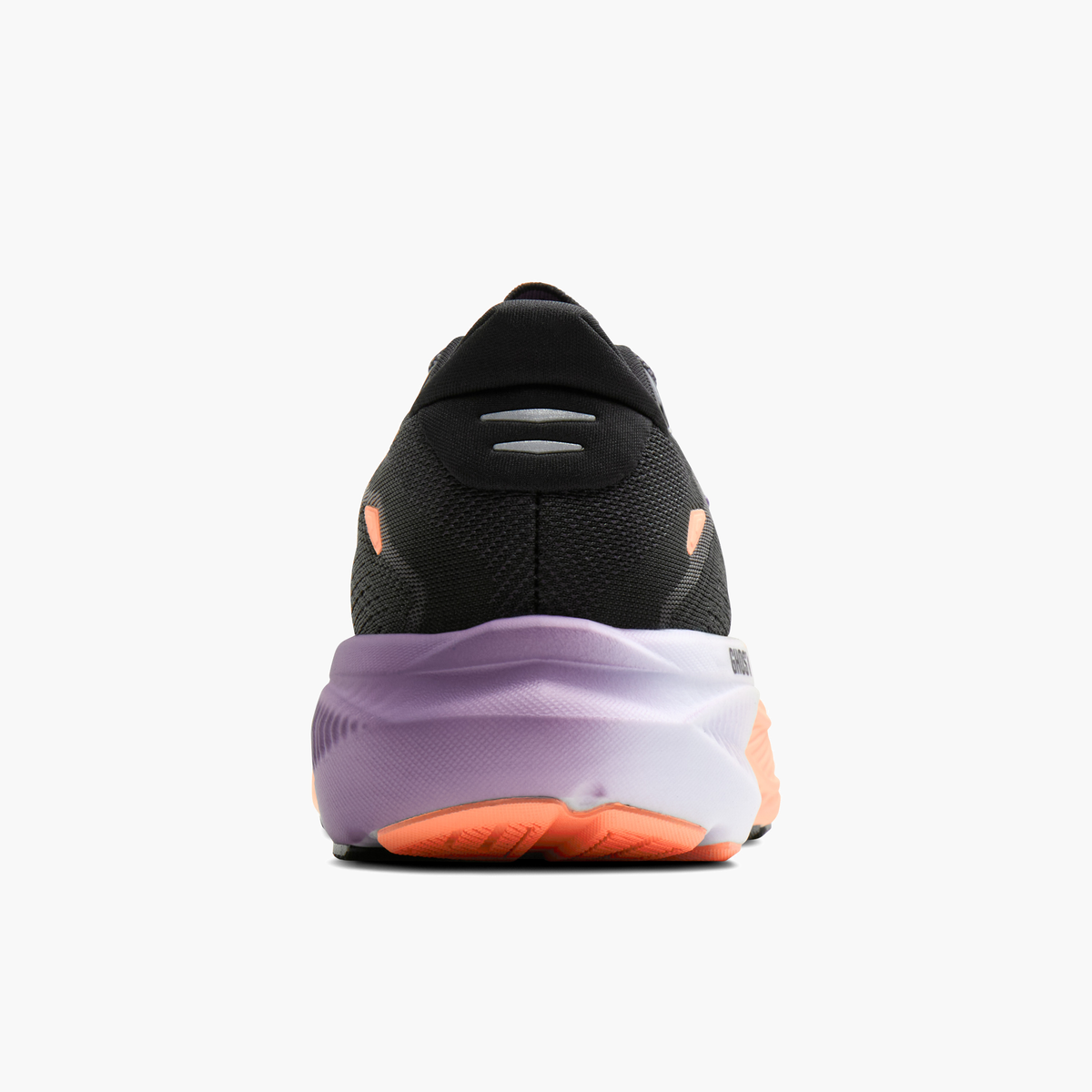 Heel angle shot of Women's Ghost 18 in Black / Mulled Grape / Peach