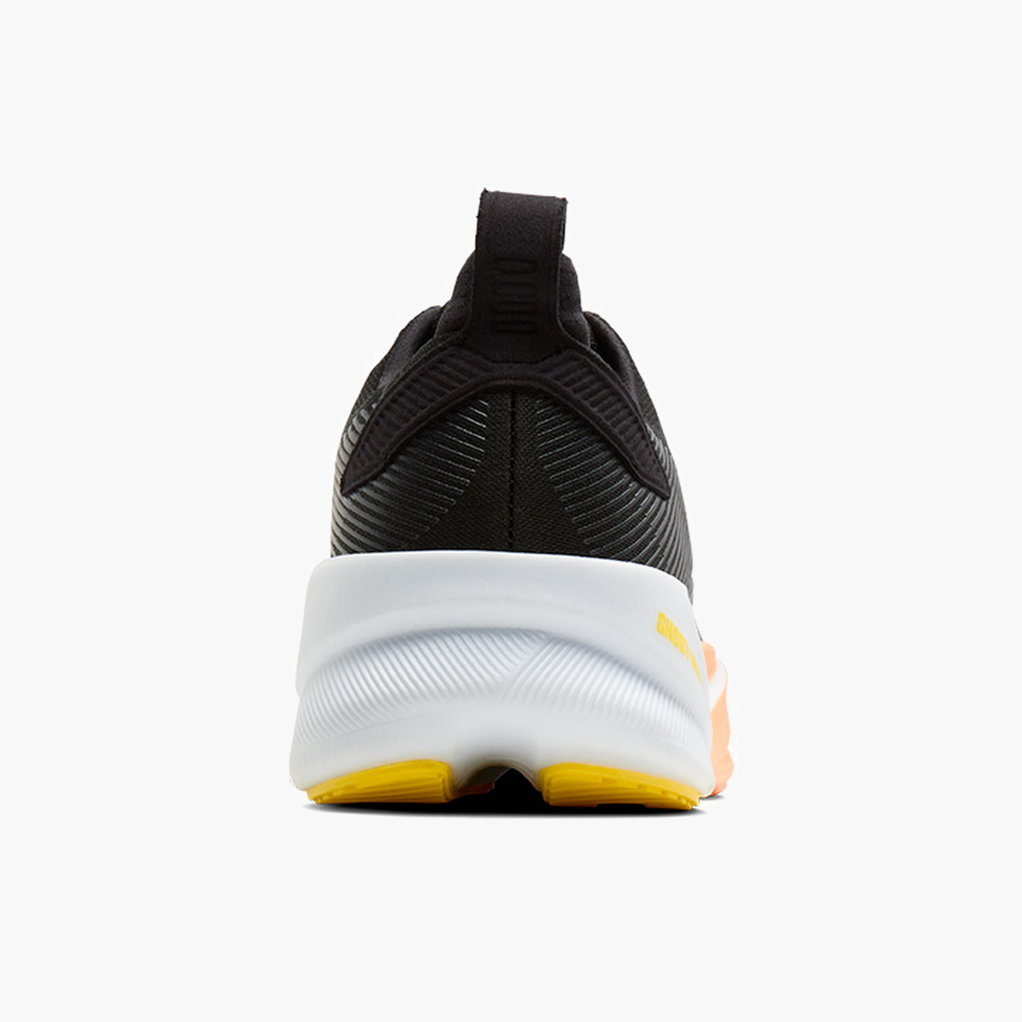 Heel angle shot of Women's Ghost Max 4 in Black / Folkstone / Cyber Peach