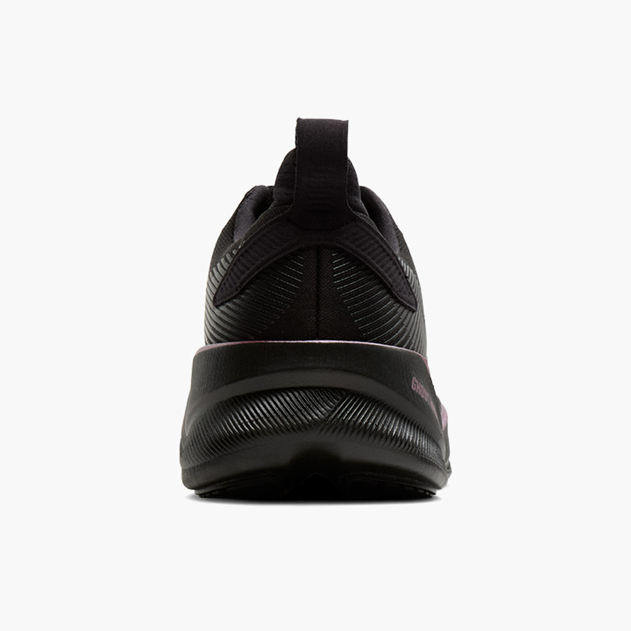 Heel angle shot of Women's Ghost Max 4 in Black / Black / Rose Gold