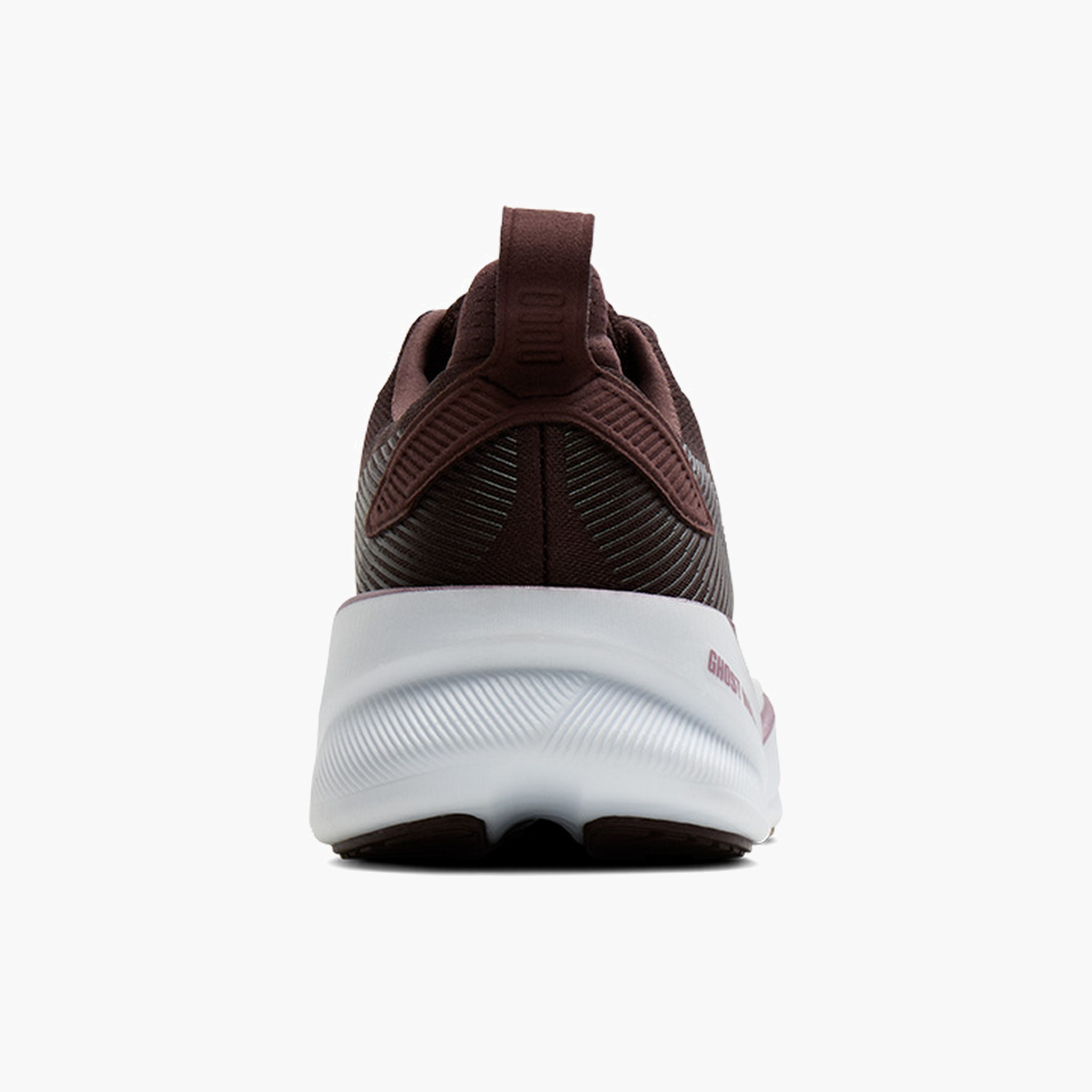 Heel angle shot of Women's Ghost Max 4 in Raisin / Purple / Metallic
