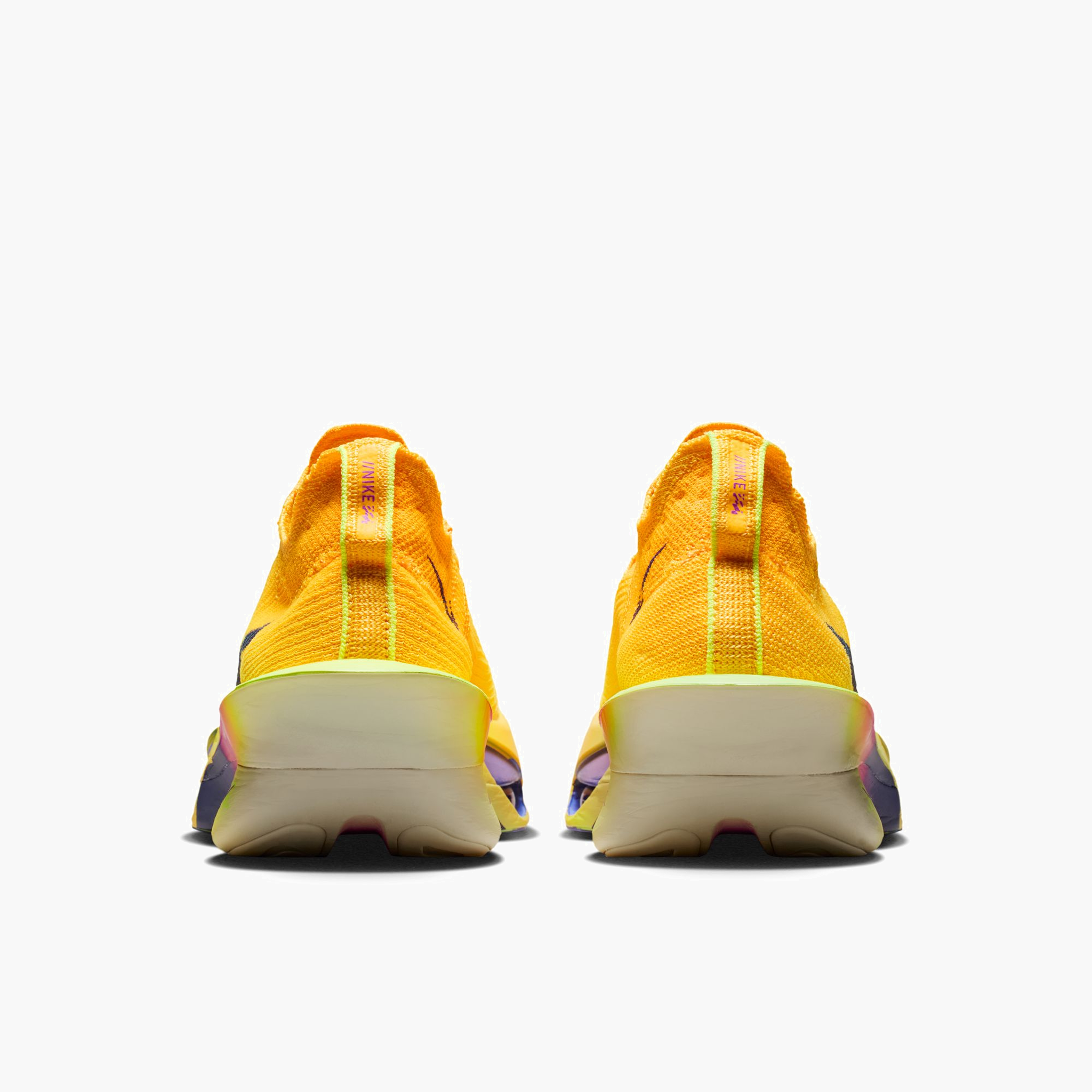 Heel angle shot of Men's Alphafly 3 in Laser Orange / Indigo Burst-Citron Pulse