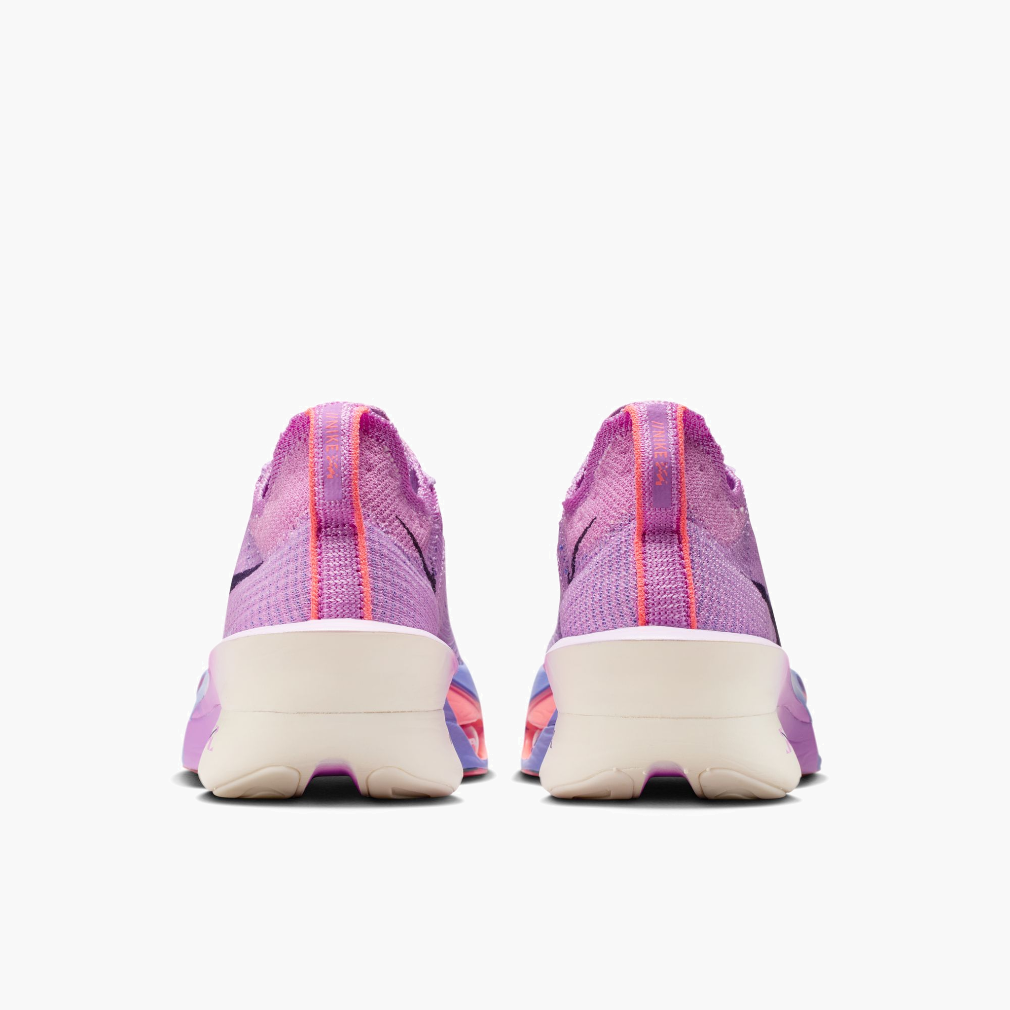 Heel angle shot of Women's Alphafly 3 in Fuchsia Glow / Purple Dynasty